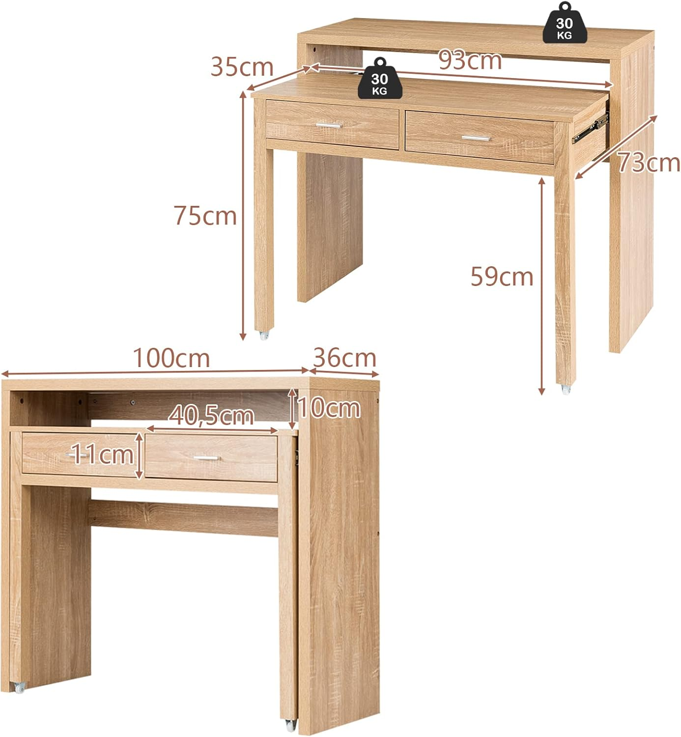 Giantex Extending Writing Desk, Wood Pull Out Computer Desk with Top Shelf & 2 Drawers, Simple Modern Style Home Office Workstation for Small Space, Easy Assembly image number 1