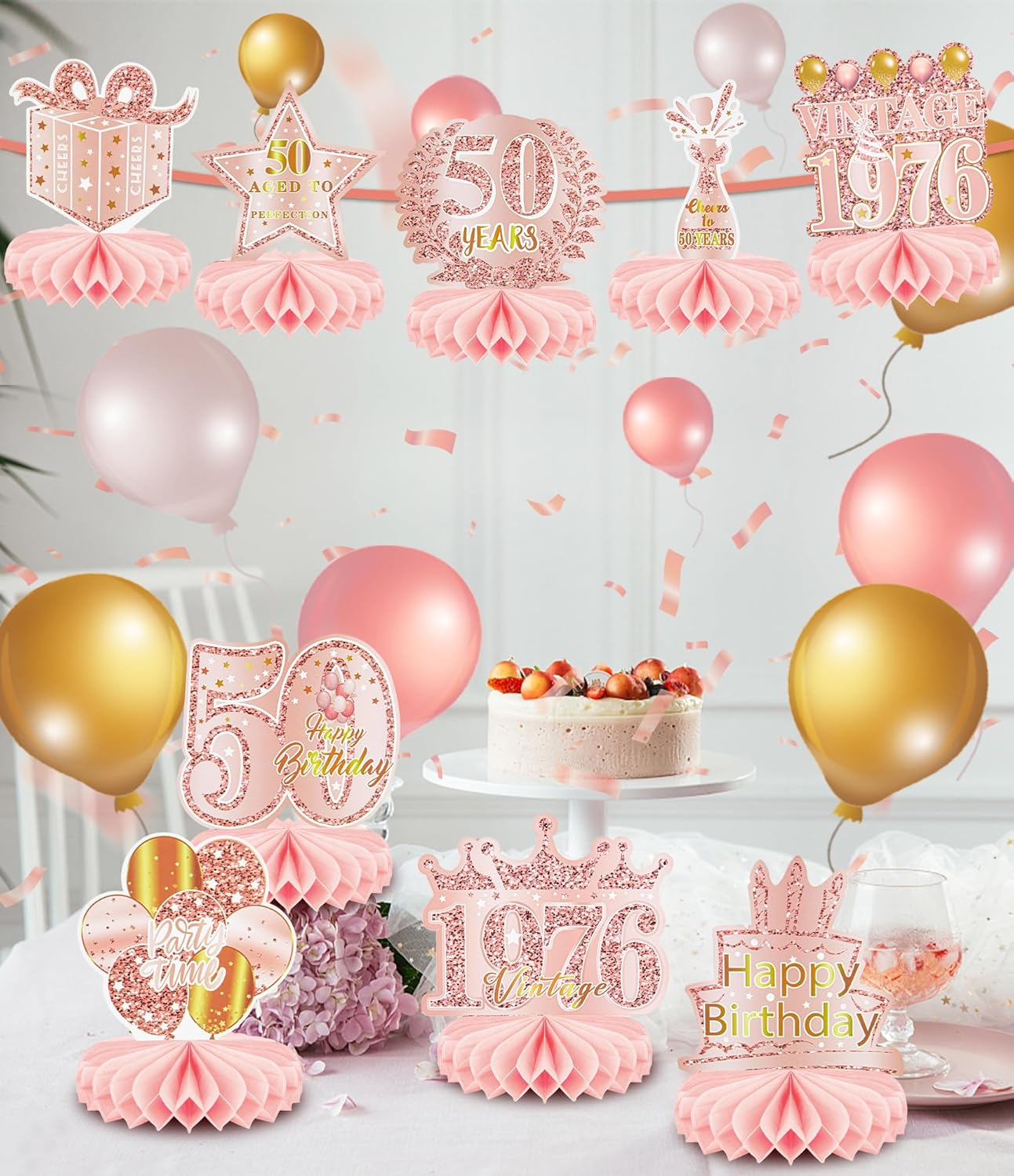9 Pcs 50Th Birthday Decoration for Women Happy 50Th Birthday Table Honeycomb Decorations Rose Gold Pink Centerpieces Tables Toppers 1975 Decor Cheers to 50 Years Old Birthday Party Favors - 40Th-New image number 4