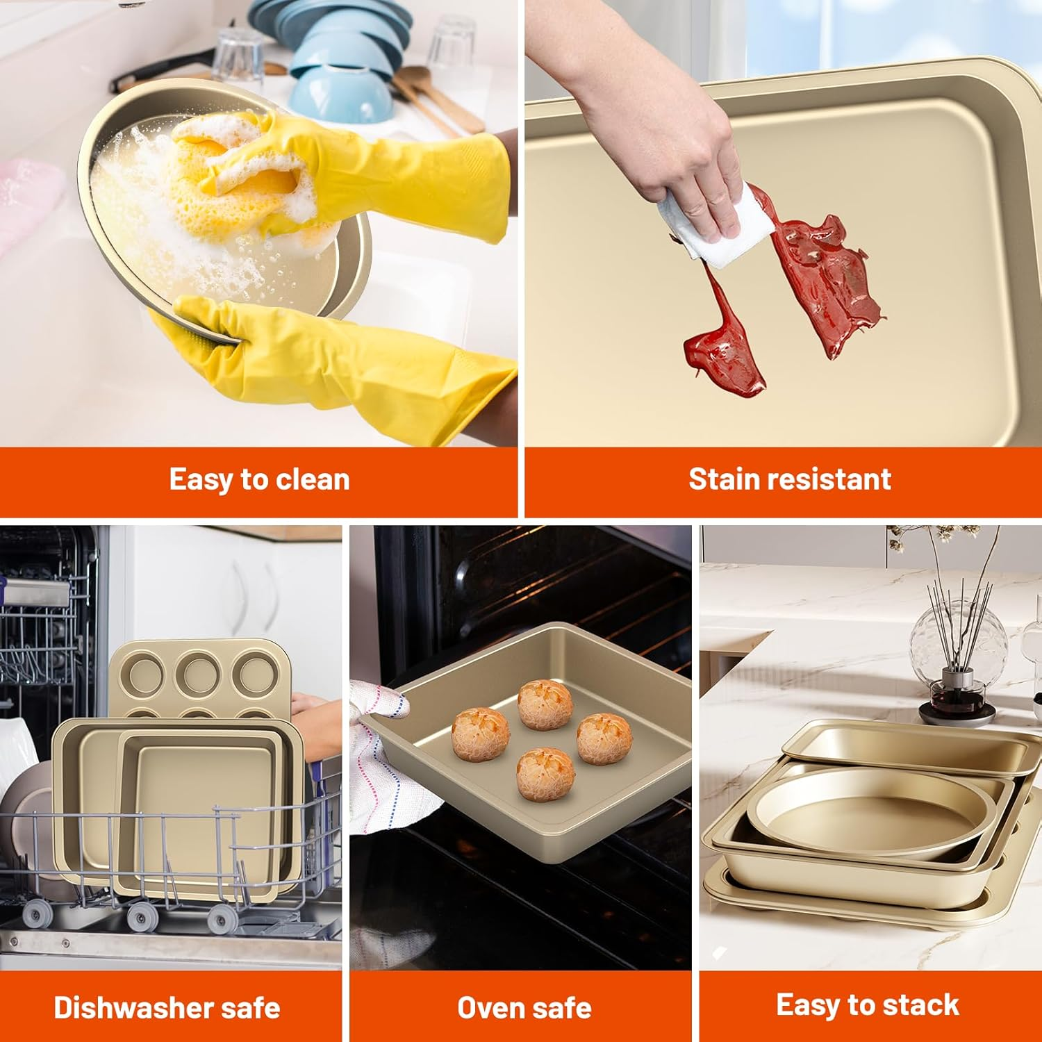 Casaculina Baking Pans Set, 5-Piece Nonstick Bakeware Sets with Round/Square Cake Pan, Muffin Loaf Roast Pan, Baking Sheets for Oven, Kitchen Cookware Sets Baking Tray Baking Supplies, Gold - Black image number 7