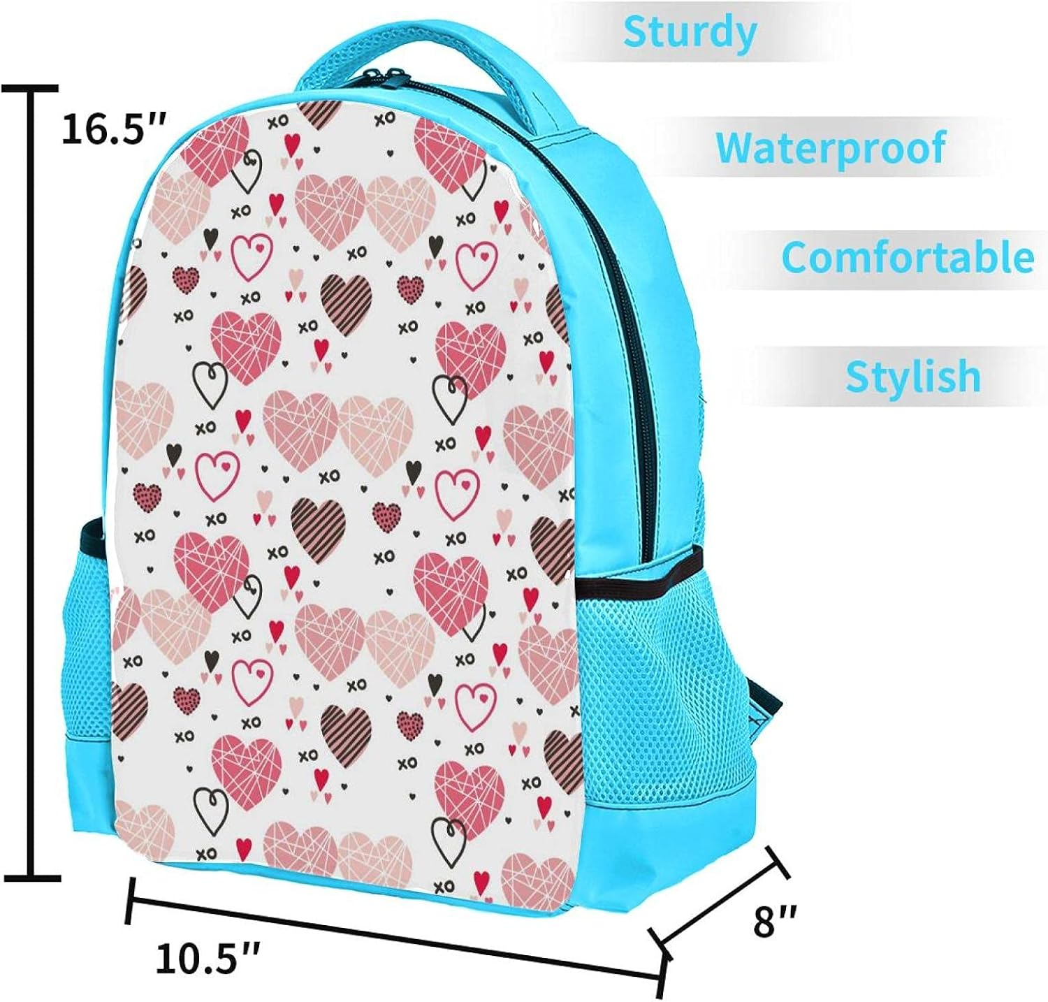 Blue Backpack Boy Bookbags Rucksack Men Travel Handbag Daypack Valentine Love Hearts Pink Pattern image number 3