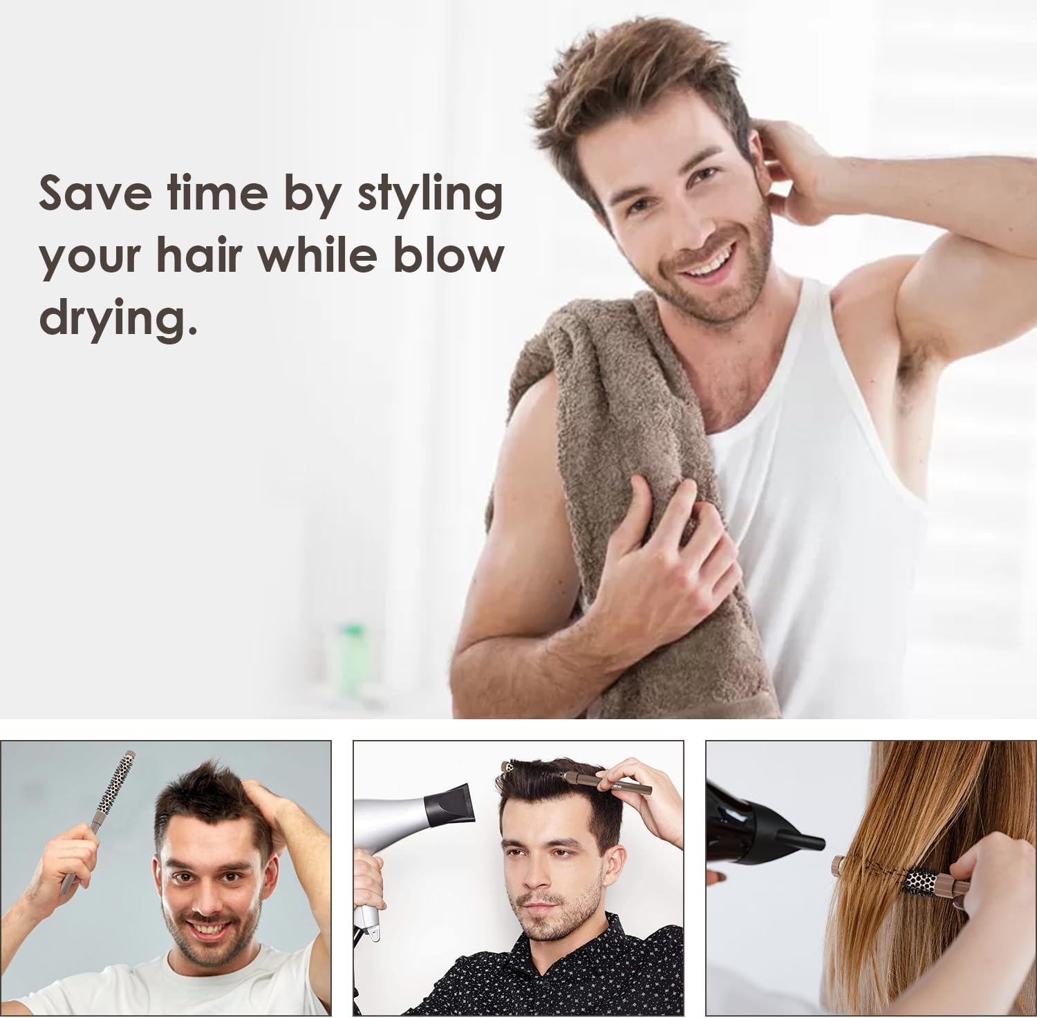 BANGMENG 3 Pieces Small round Brush Set, 3/7 1/2 5/8 Inch Barrel Hairbrush for Blow Drying, Soft Bristles Style Volumize Hair Brush for Women Men Short Hair, Bangs, Roots, Curling, Straight image number 5