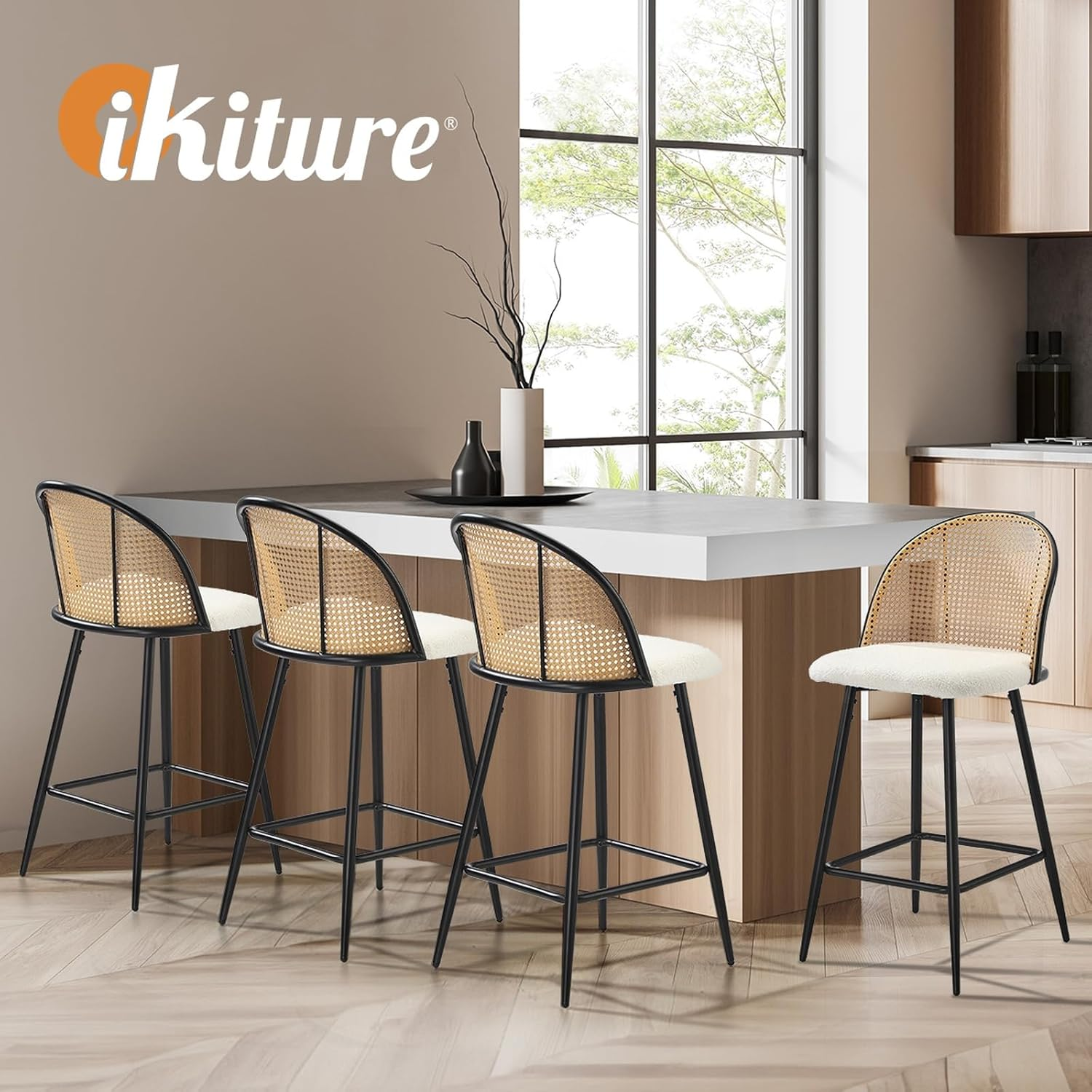 Oikiture Bar Stools Set of 2 Boucle Fabric Bar Stools with PU Rattan Backrest Counter Kitchen Chairs Dining Chair, White