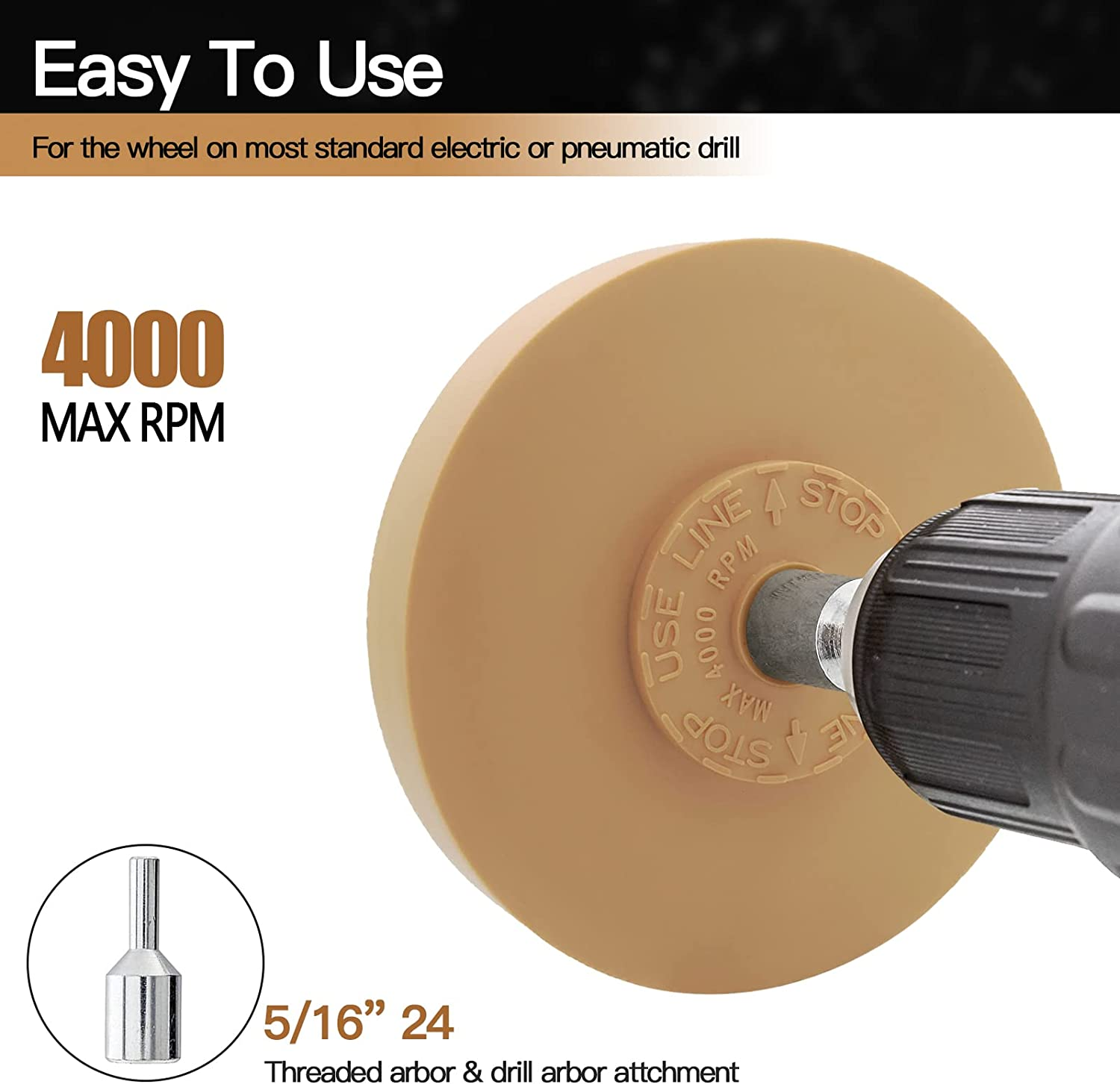 Tucana Rubber Eraser Wheel, Decal and Adhesive Remover Tool, Remove Pinstripes, Stripes, Stickers, Tape and Graphics on Car, Rvs, Boat and Trucks 4-Inches Diameter, 1 Inch Thick with Drill Adapter