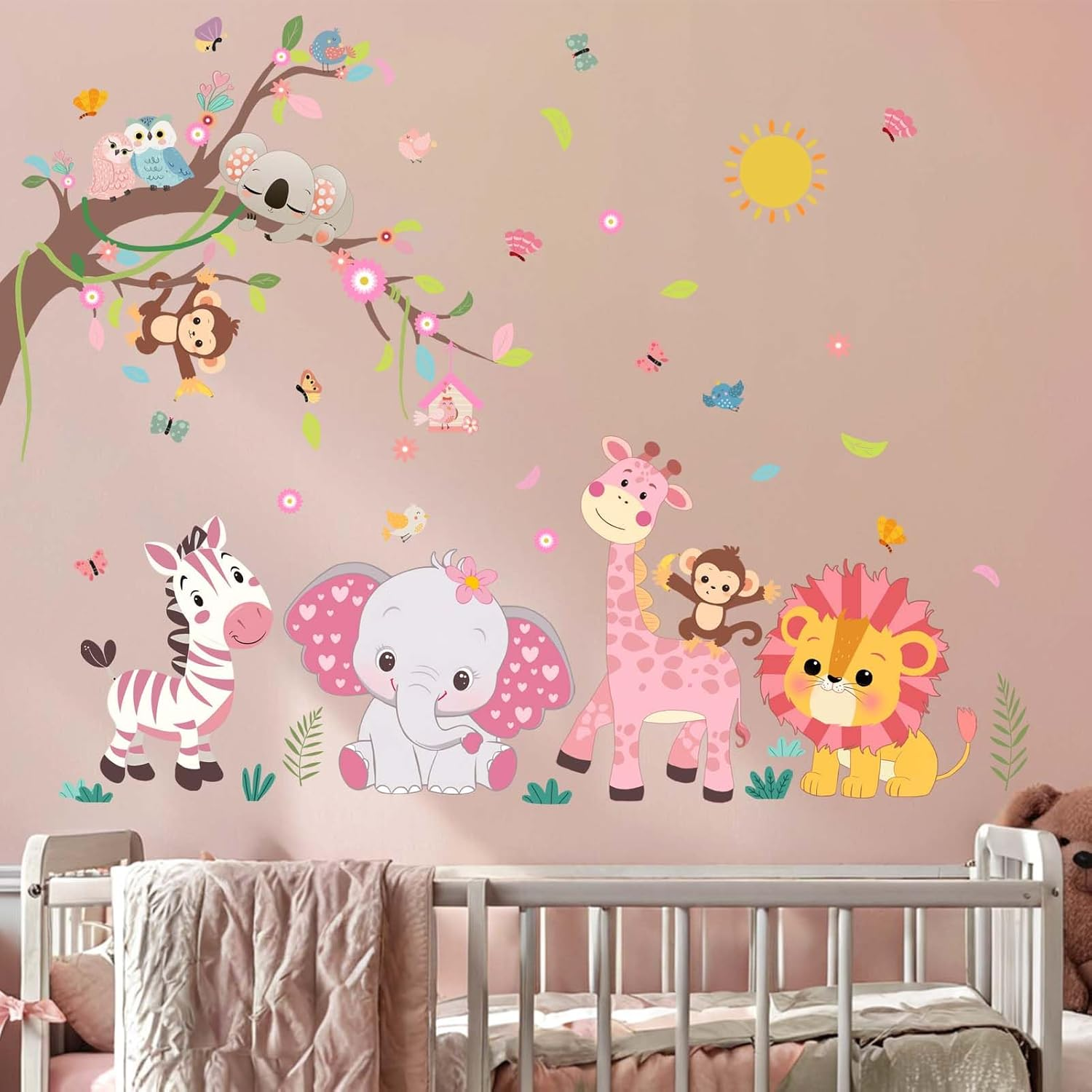 Amimagen Pink Forest Baby Animals Wall Decals - Elephant Lion Giraffe Monkey Zebra Wall Stickers - Nursery Kids Girls Boys Room Daycare Playroom Classroom Wall Decor image number 2
