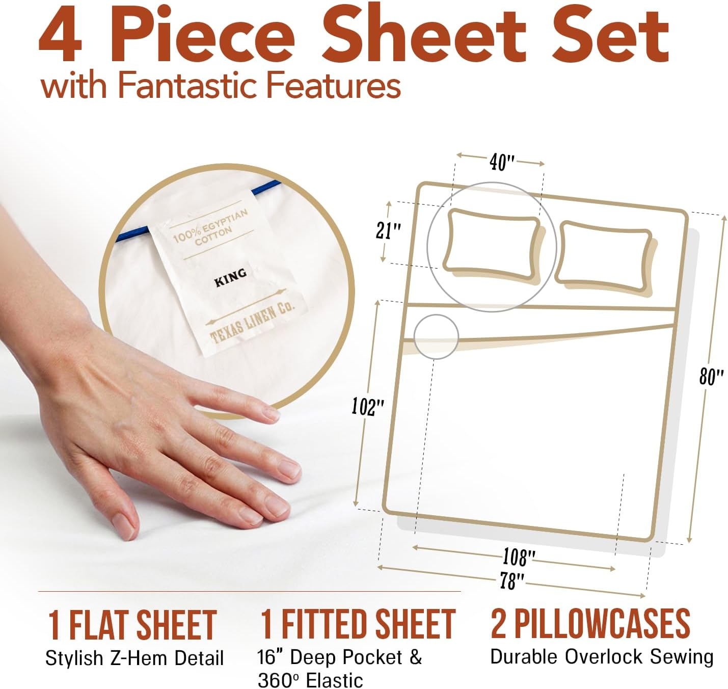 Pure Egyptian King Size Cotton Bed Sheets Set (King, 600 Thread Count) White Sheets and Pillow Cases (4 Piece) &ndash; Egyptian Cotton Sheets King Size Bed- Sateen Weave Sheets - 18&rdquo; King Deep Pocket Sheets image number 4