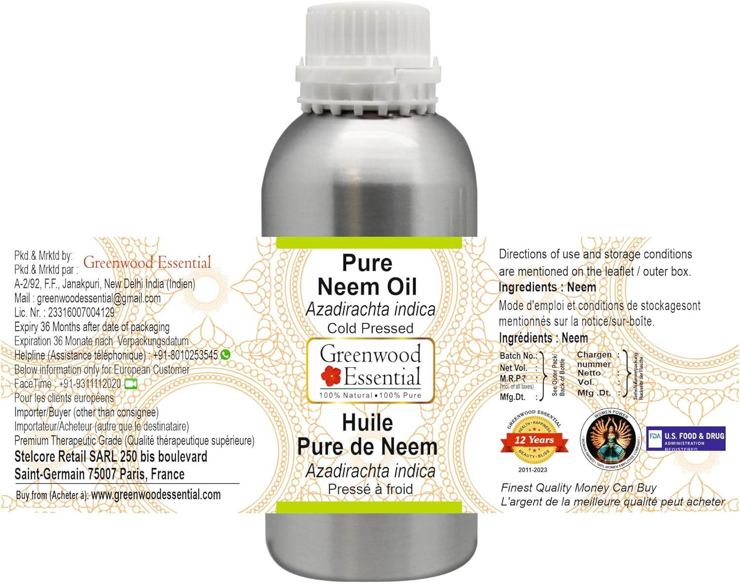 Greenwood Essential Pure Neem Oil (Azadirachta Indica) Cold Pressed 300Ml (10 Oz) image number 3