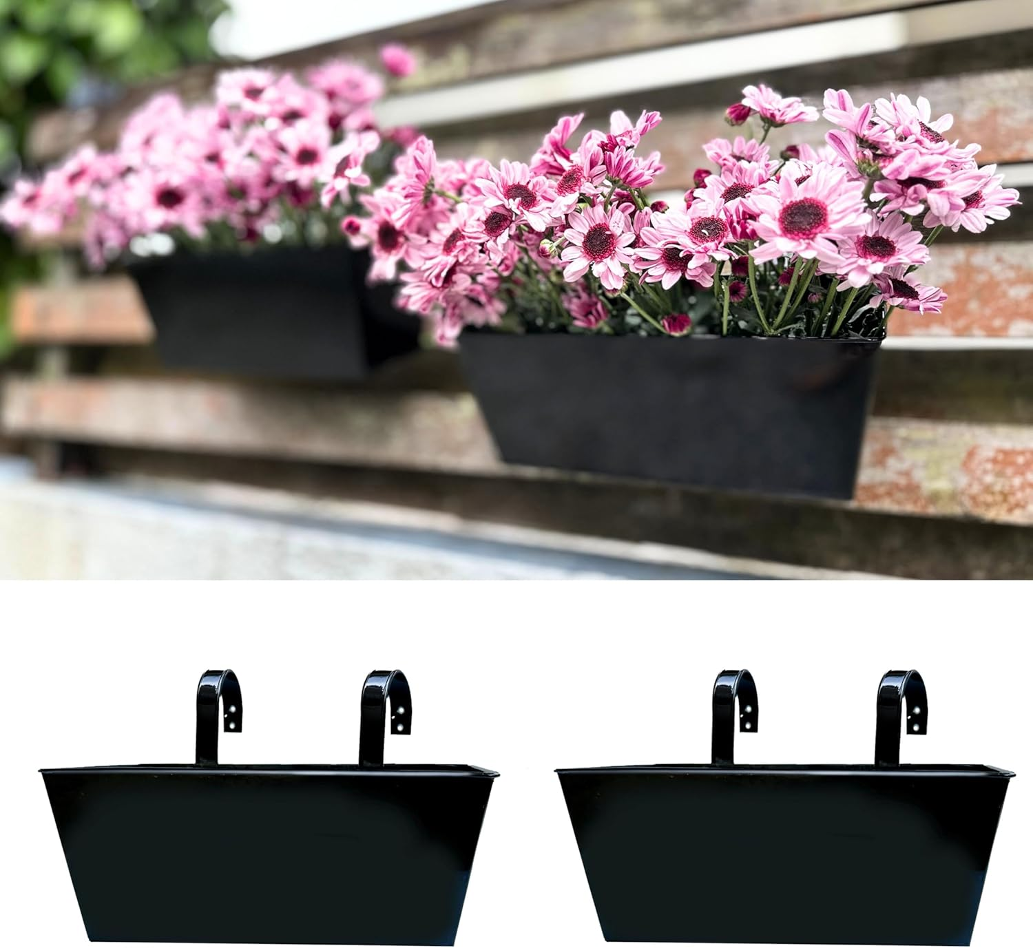 Lalagreen Railing Hanging Planters (2 Pack, 16 Inch) Large Black Metal Strawberry Flower Pots Outdoor Countryside Modern Rectangle Succulent Planter with Drainage Holes Hanger Balcony Deck Fence Porch image number 3