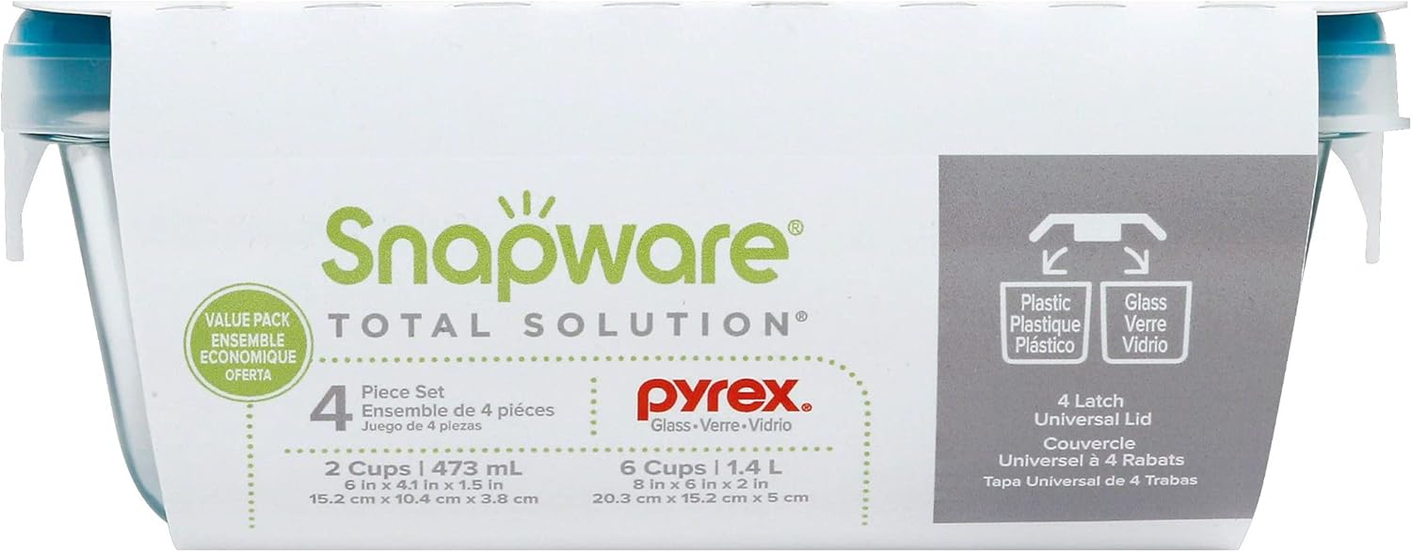 Snapware Total Solution 4-Piece Rectangle Food Storage Container Set &ndash; Durable Pyrex Glass with Tab Locking Lids for Secure Storage &ndash; Clear, 470Ml & 1.5 Litre Capacity