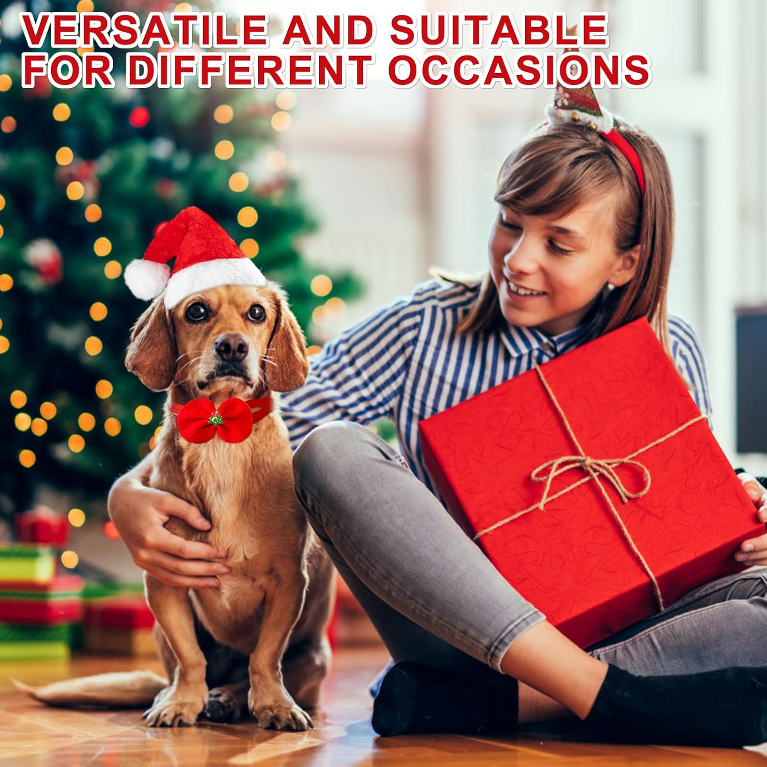 3 Piece Christmas Pet Dog Cat Outfit with Knitted Scarf, Santa Hat and Bow Tie, Festive Season, Red, Suitable for Small and Medium Pets image number 5