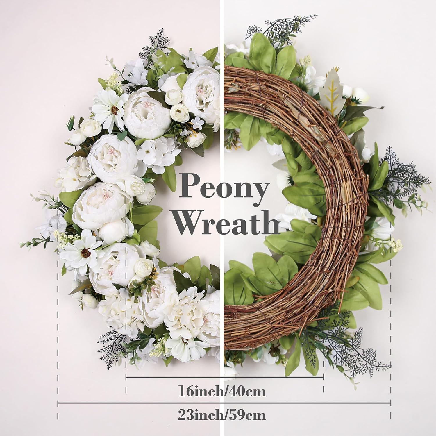 Peony Wreath 23" Floral Artificial Wreath for Front Door Wall Decor Home D&eacute;cor Festival Celebration Wedding Party New Owners Seasonal Decoration Housewarming Gifts Ezsenses (White) - White image number 6