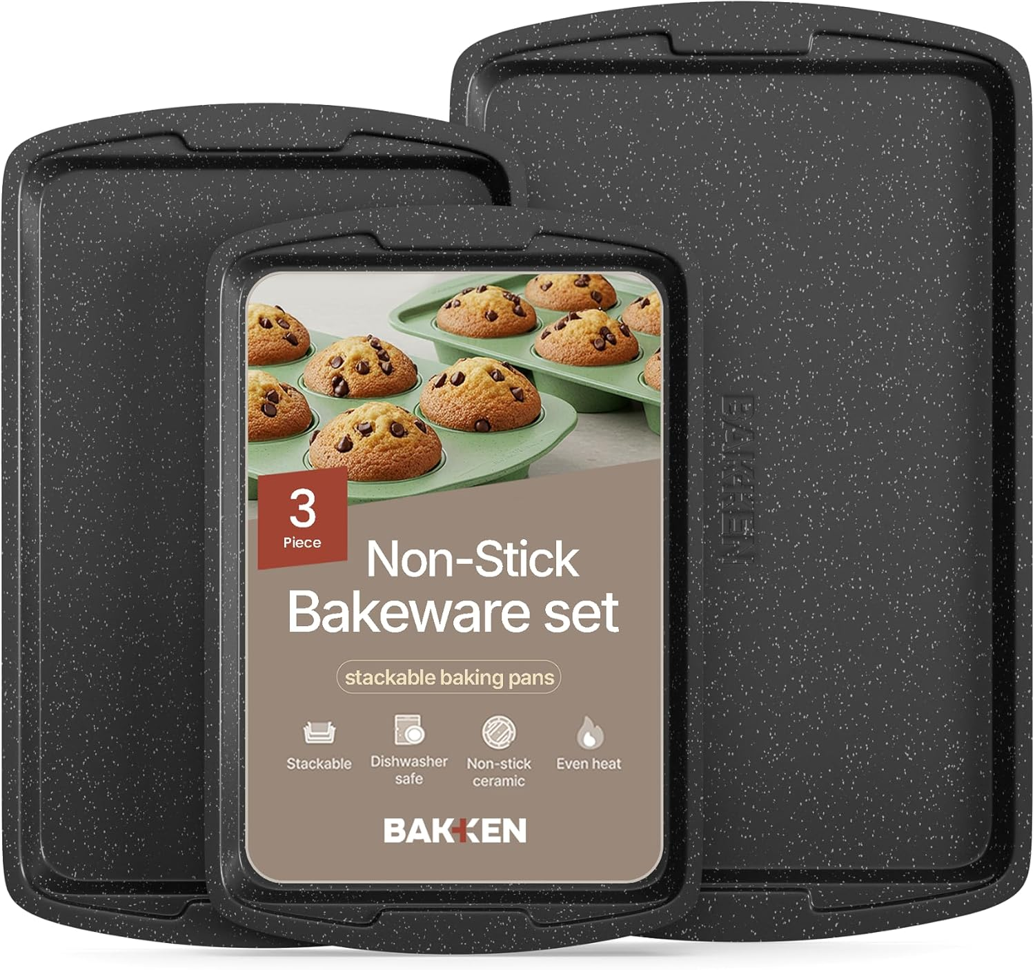 Green 10-Piece Bakeware Sets, Nonstick Carbon Steel Baking Sheet & Pans, Stackable Space-Saving Bakeware, Dishwasher Safe, Stain-Resistant, PFOAPFOSPTFE Free, Oven Safe up to 450&deg;F (230&deg;C)