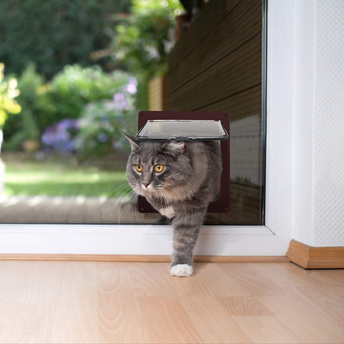 Sailnovo Cat Door 19 X 20 X 5.5 Cm, Brown, Size M, Cat Door with 4-Way Locking for Indoor and Outdoor Doors, Weatherproof Pet Door image number 5
