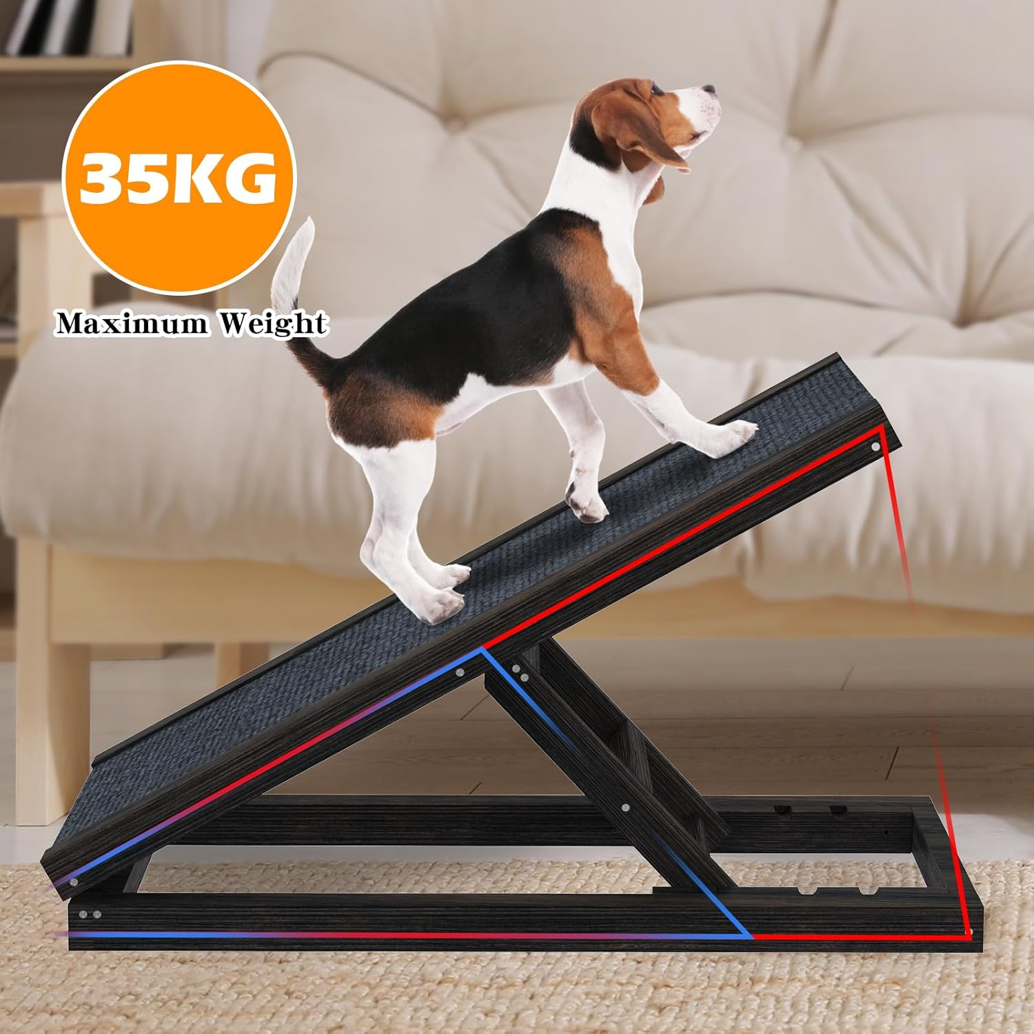 Advwin Wooden Pet Ramp, Non-Slip 3 Level Adjustable Height Foldable 70Cm Long Dog Ramp for Bed, Couch or Car, Safety Stairs Puppy Ramps - Black image number 1