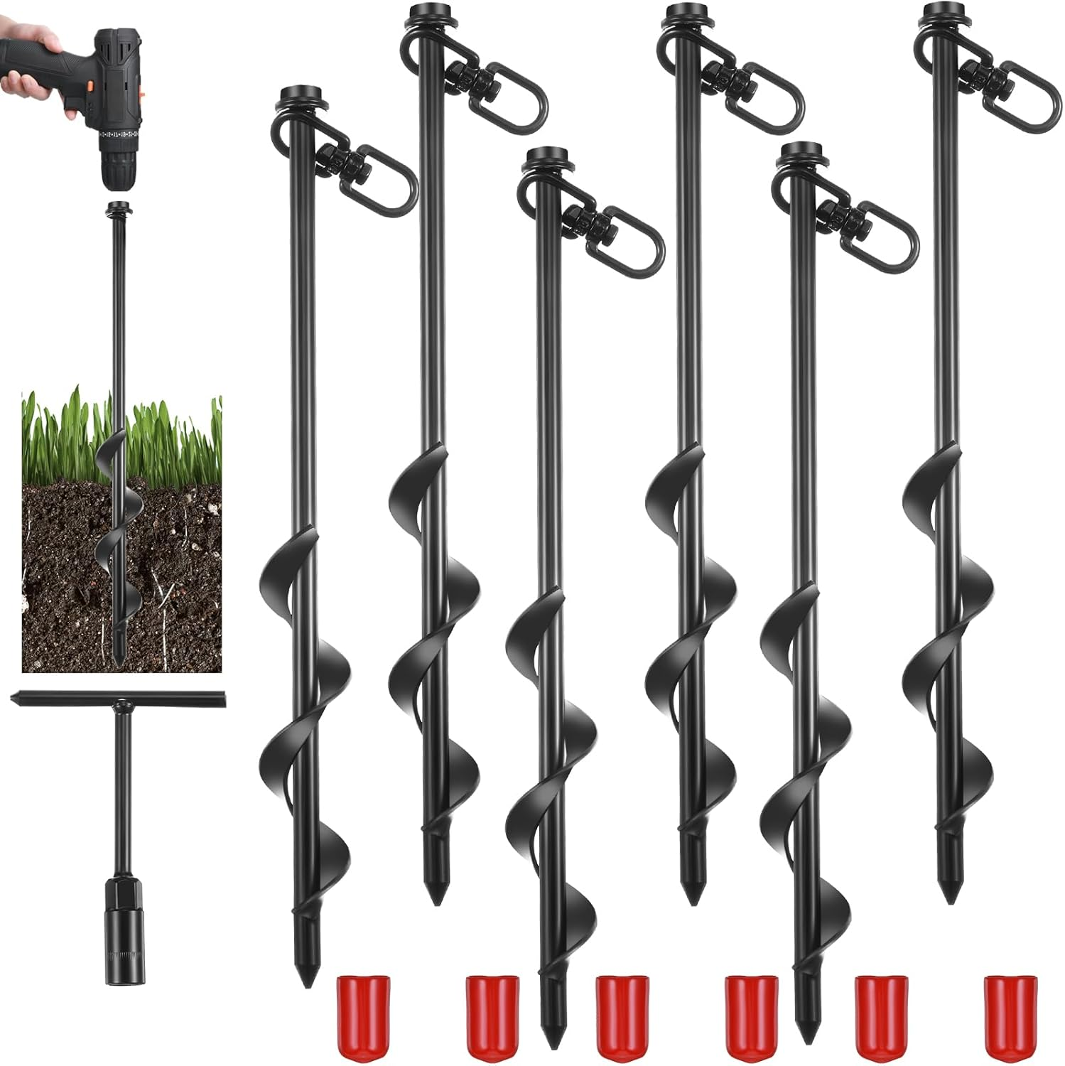 6 Pcs 12" Ground Anchors Heavy Duty Ground Stakes for Swing Set Ground Anchors Screw Kit Earth Anchors for Canopy Camping Tent Sheds Car Ports Trampoline image number 5