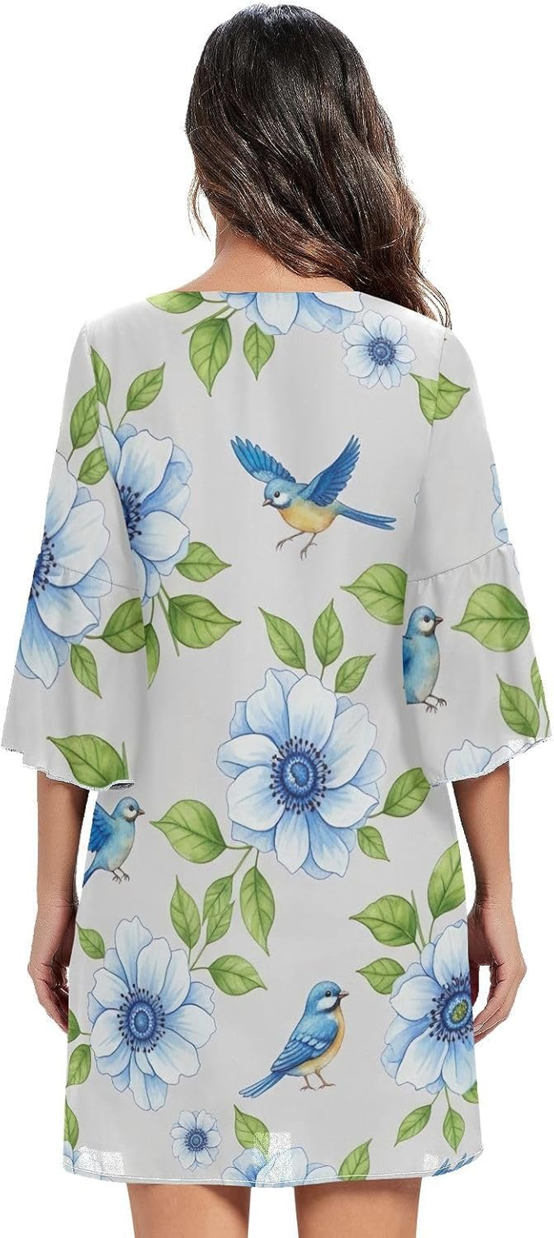 Flowers Leaves Birds Blue Casual Chiffon Dress Printed Line Maternity Dress image number 1