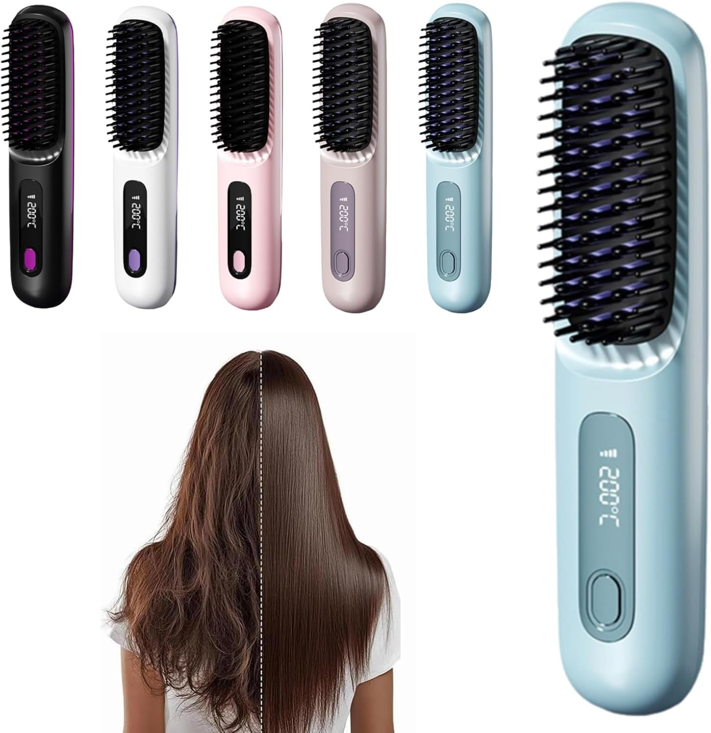 2026 New Brush Pro, Portable Straightener Brush for Travel, with LCD Temperature Display, Fast Heating Cordless Mini Hair Brushs (Black)
