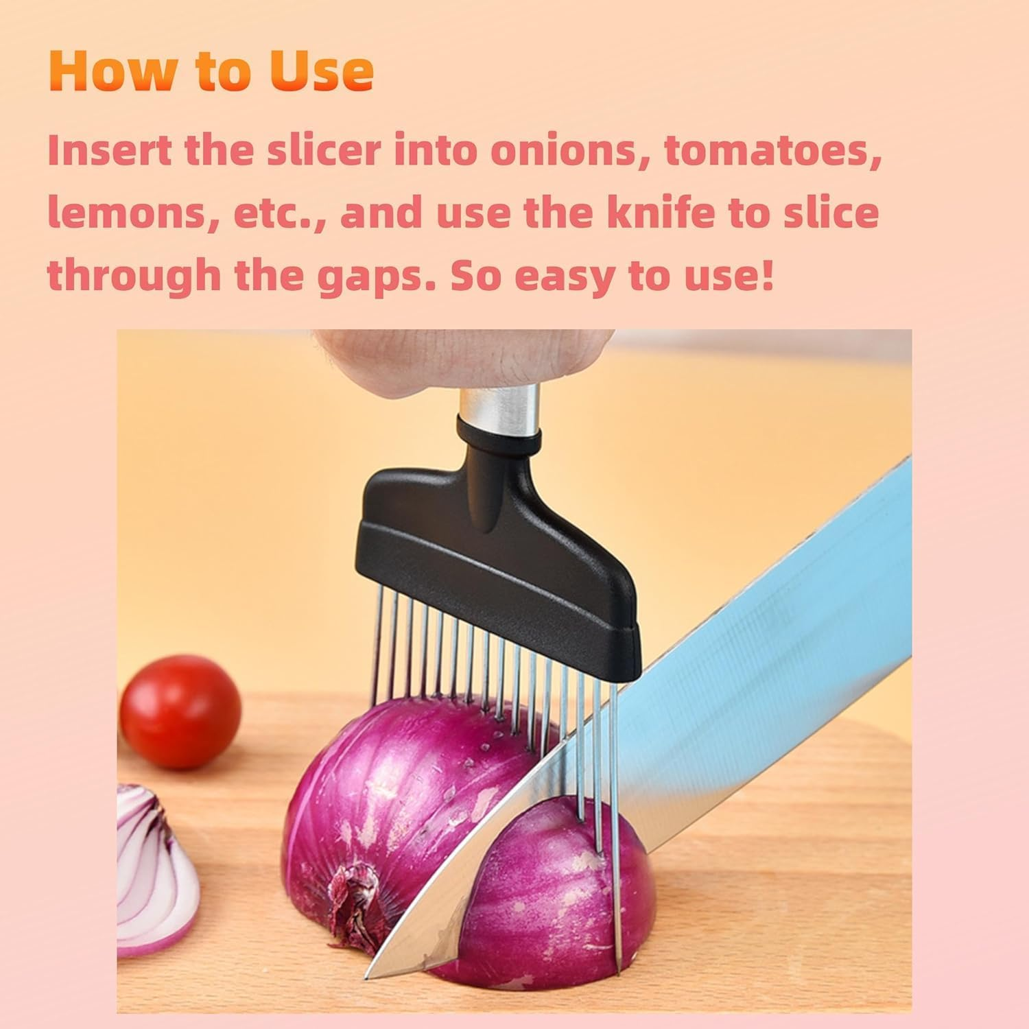 Onion Holder Forslicing, Onion and Lemon,Slicer Cutter Forslicing Kitchen Gadget, Vegetable Cutter for Potato Tomato Avocados Eggs, Foodslicer Assistant Tool For,Slicing Stainless Steel image number 4