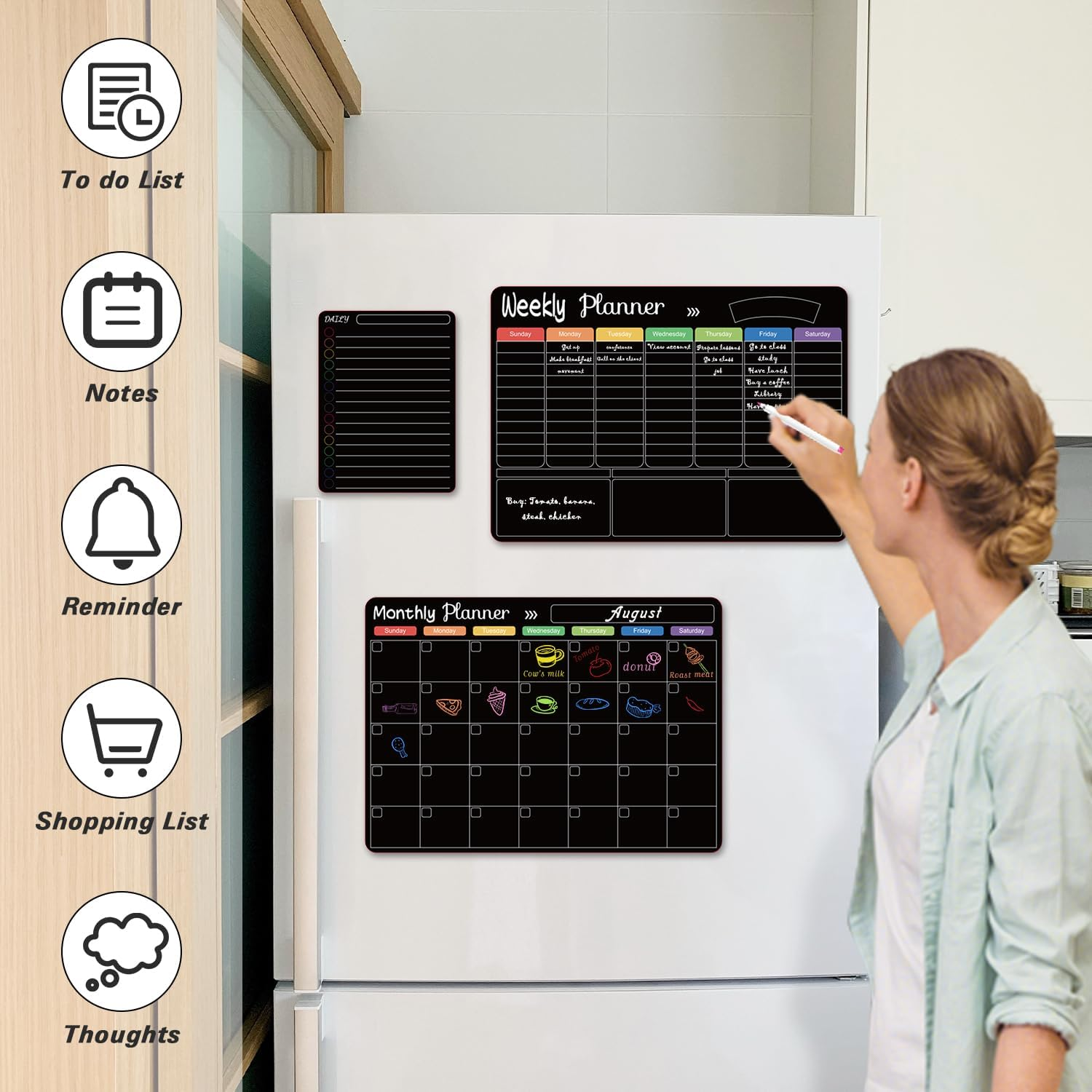 Yakiter 3Pcs Magnetic Fridge Calendar, Monthly, Weekly & Shopping List Refrigerator Planner, Reusable Calendar with Dry Erase Board and 8 Markers, Kitchen Whiteboard (3 PCS) image number 2