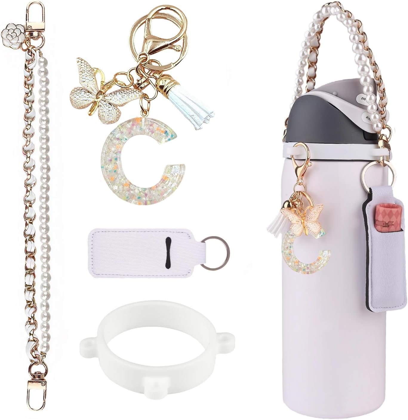 Letter Accessories for Owala Water Bottle 24/32/40Oz,Initial Charm、Lipstick Holder and Handle Strap for Owala Accessories and Stanley Cup Accessories(Pink, R)