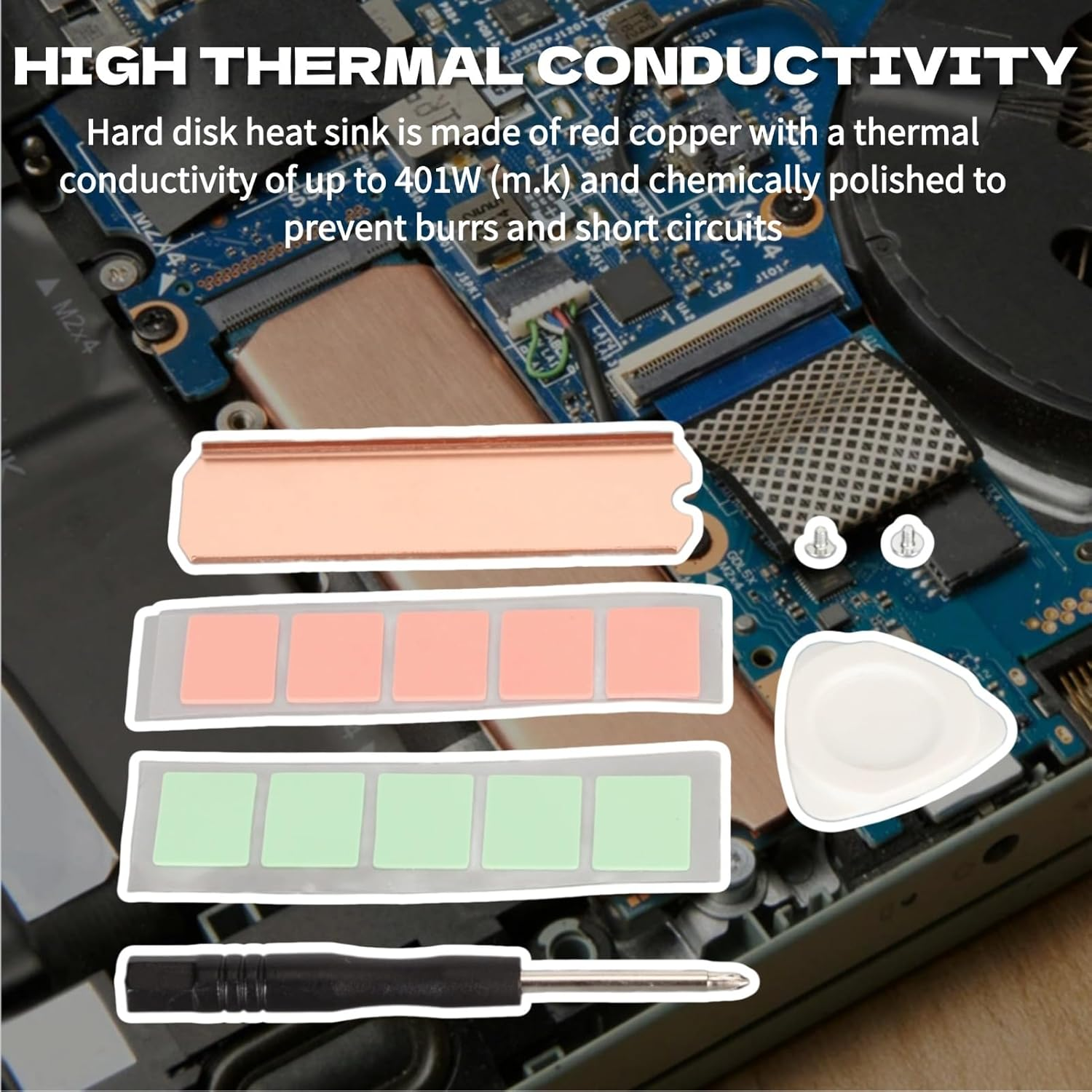 M.2 2280 SSD Copper Heat Sink, Stable Rustproof Hard Disk Heat Sink with Silicone Thermal Pad for M.2 2280 Nvme SSD, SSD Heatsink Thermal Pad image number 4