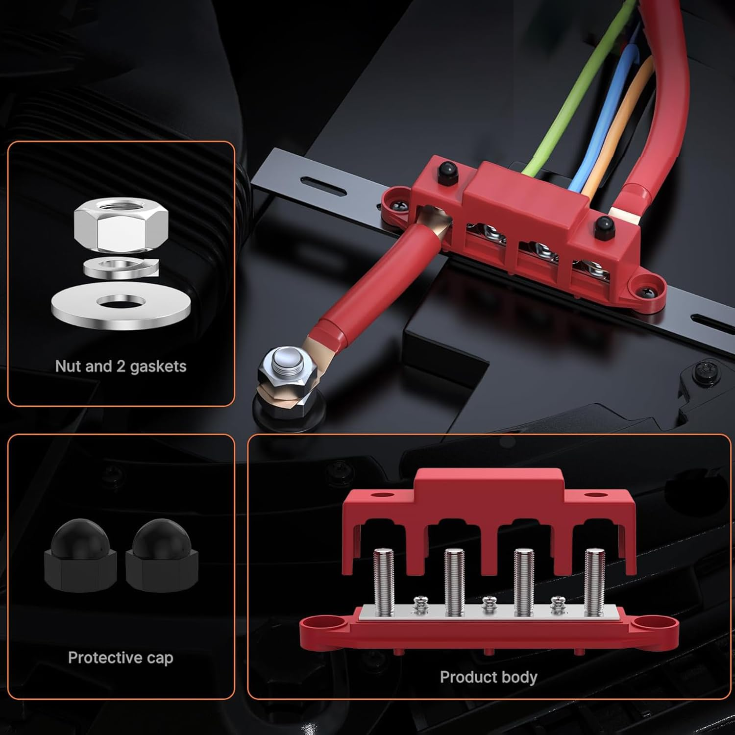 Aikoolwer Power Distribution Block Bus Bar 2 PCS 5/16" M8 250 AMP 12V 24V Automatic Marine Electric Busbar 4 Stud Black Red Junction Block Car Boat Marine Caravan RV image number 1