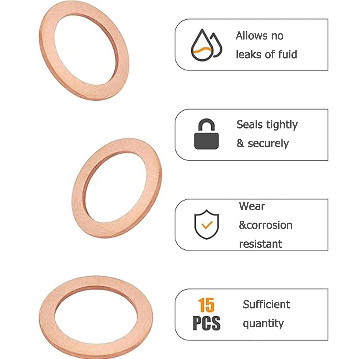 15PCS 14Mm Copper Oil Drain Plug Gaskets - Crush Washer Flat Ring Seal Fittings for Car Accessories - Replacement for OEM 007603-014106, 007603014106, 115100 - for Engine Oil Drains image number 2