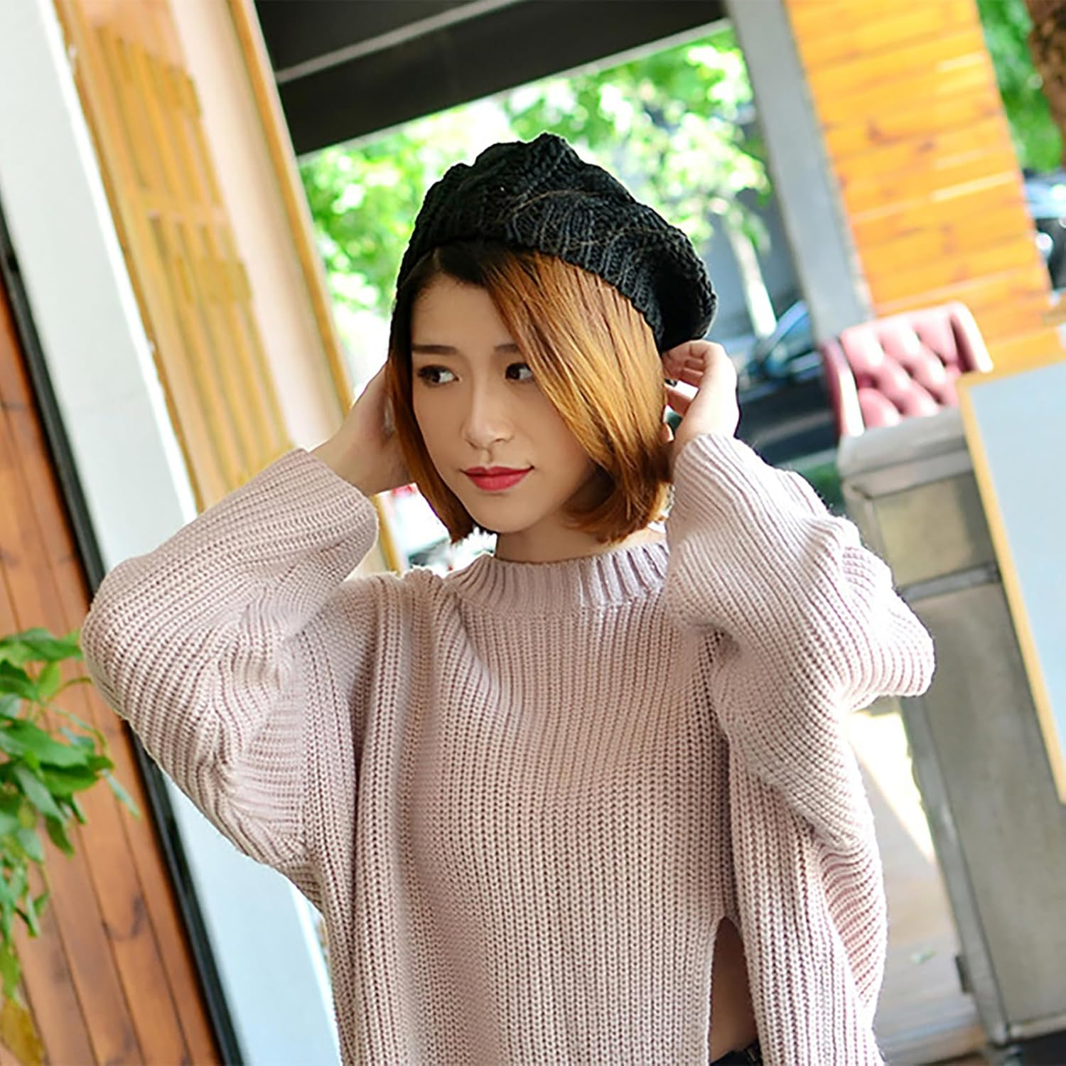 Slouchy French Beret Womens Knit Beret Hat Black Crochet Beret Hat Warm Knitted Hat Ladies Hats for Cold Weather Autumn Winter