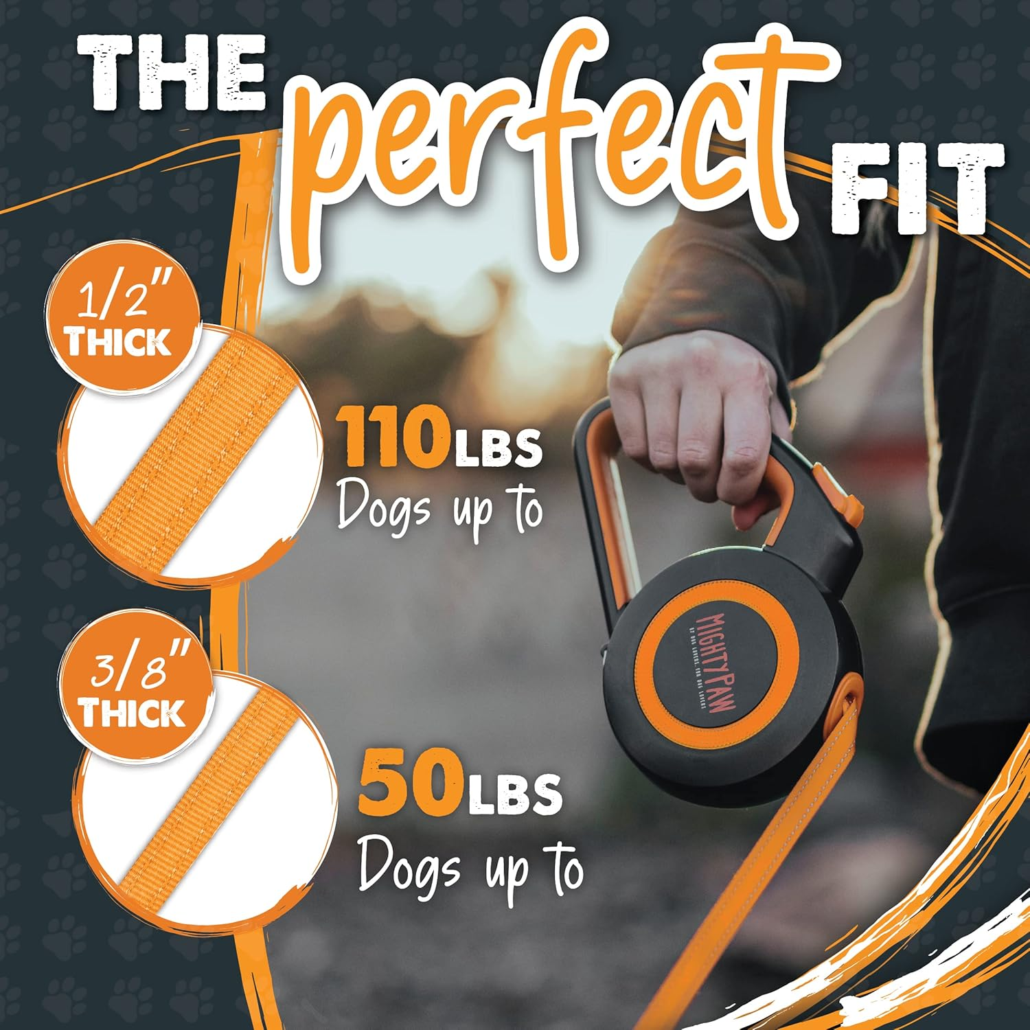 Mighty Paw Retractable Dog Leash 2.0 | 16&rsquo; Heavy Duty Reflective Nylon Tape Lead for Pets up to 110 Lbs. Tangle Free Design W/One Touch Quick-Lock Braking System & Anti-Slip Handle. (Orange/Standard) image number 6