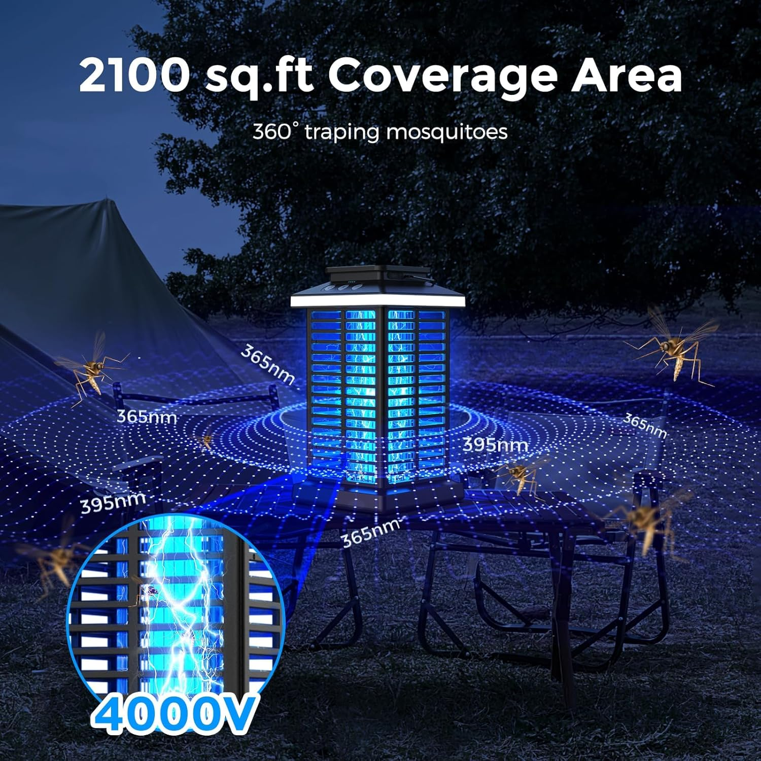 Bug Zapper Outdoor, Mosquito Zapper 2 in 1 Portable & Rechargeable Bug Zapper Outdoor with 5000Mah Battery & LED Night Light, 4000V Electric Fly Zapper for Outside,Patio,Backyard,Garden,Dark Black - Black image number 2
