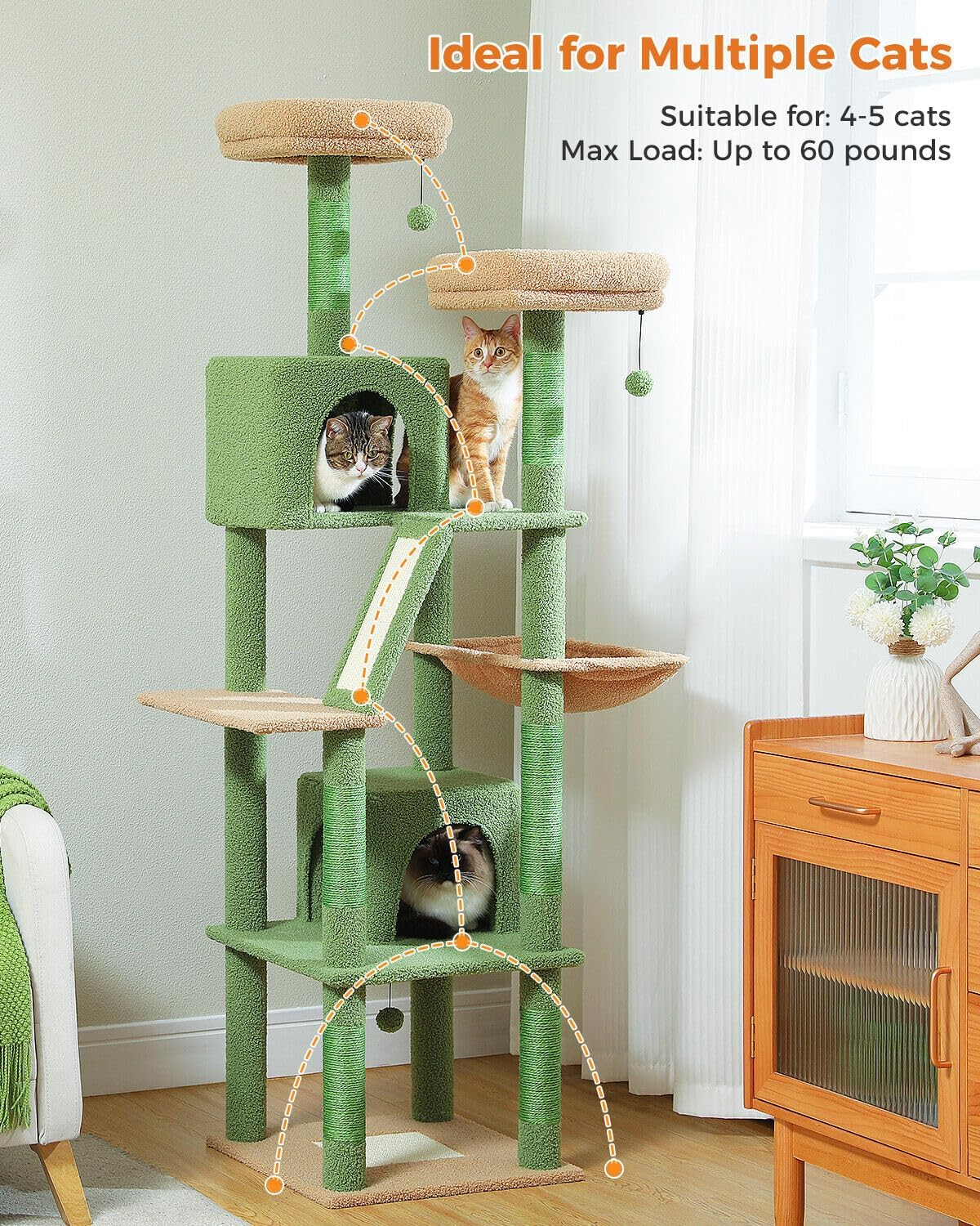 PAWZ Road 180Cm Large Cat Tree for Indoor Cats, Multi-Level Cat Tower Cat Scratching Post with 2 Perches, 2 Condos, Hammock and 2 Pompoms Green - Green image number 5