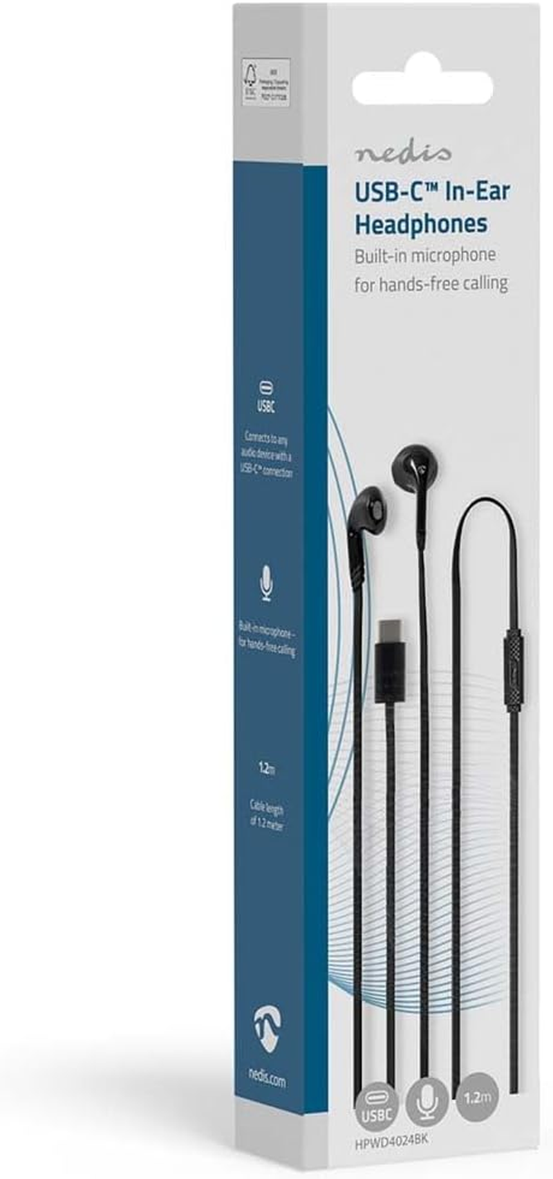 Nedis Wired Headphones - USB-C - Cable Length: 1.20 M - Built-In Microphone - Volume Control - Black image number 1