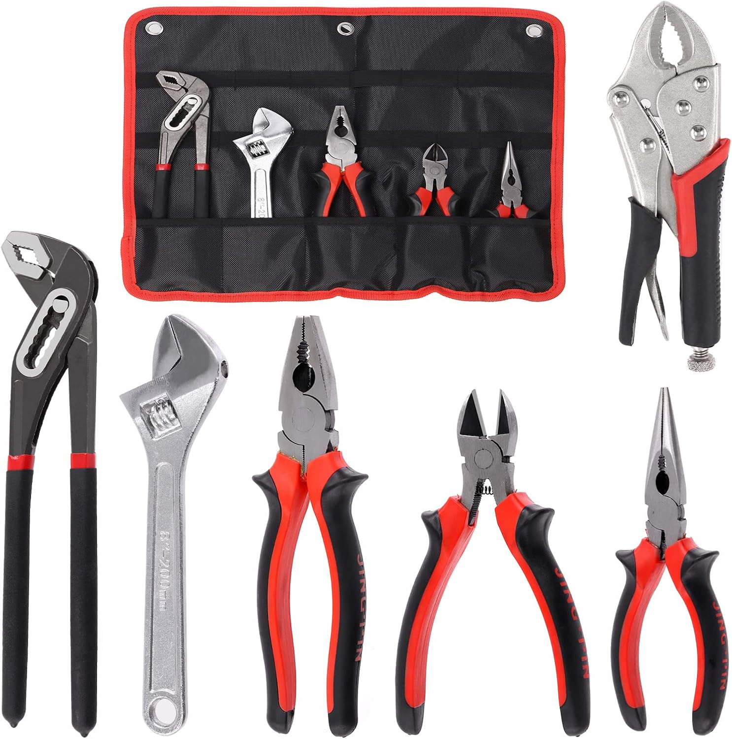 Swpeet 6Pcs Pliers Set with Storage Pouch Assortment Kit, Including Tongue and Groove Plier, Water Pump Pliers, Long Nose, Diagonal Cutting, Locking Pliers, Adjustable Wrench and Linesman Pliers image number 1