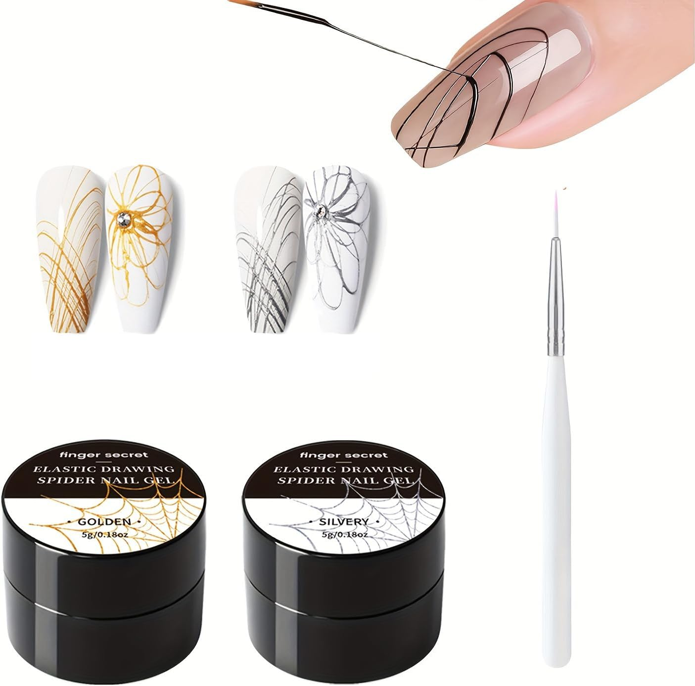 Finger Secret Spider Nail Gel 5G/0.18Oz,2Colors Nail Spider Gel,Spider Web Gel Nail Art,Spider Gel Drawing Gel Nail Polish Set Nail Art Wire Drawing Gel for Line with Nail Art Brushes (White Black)
