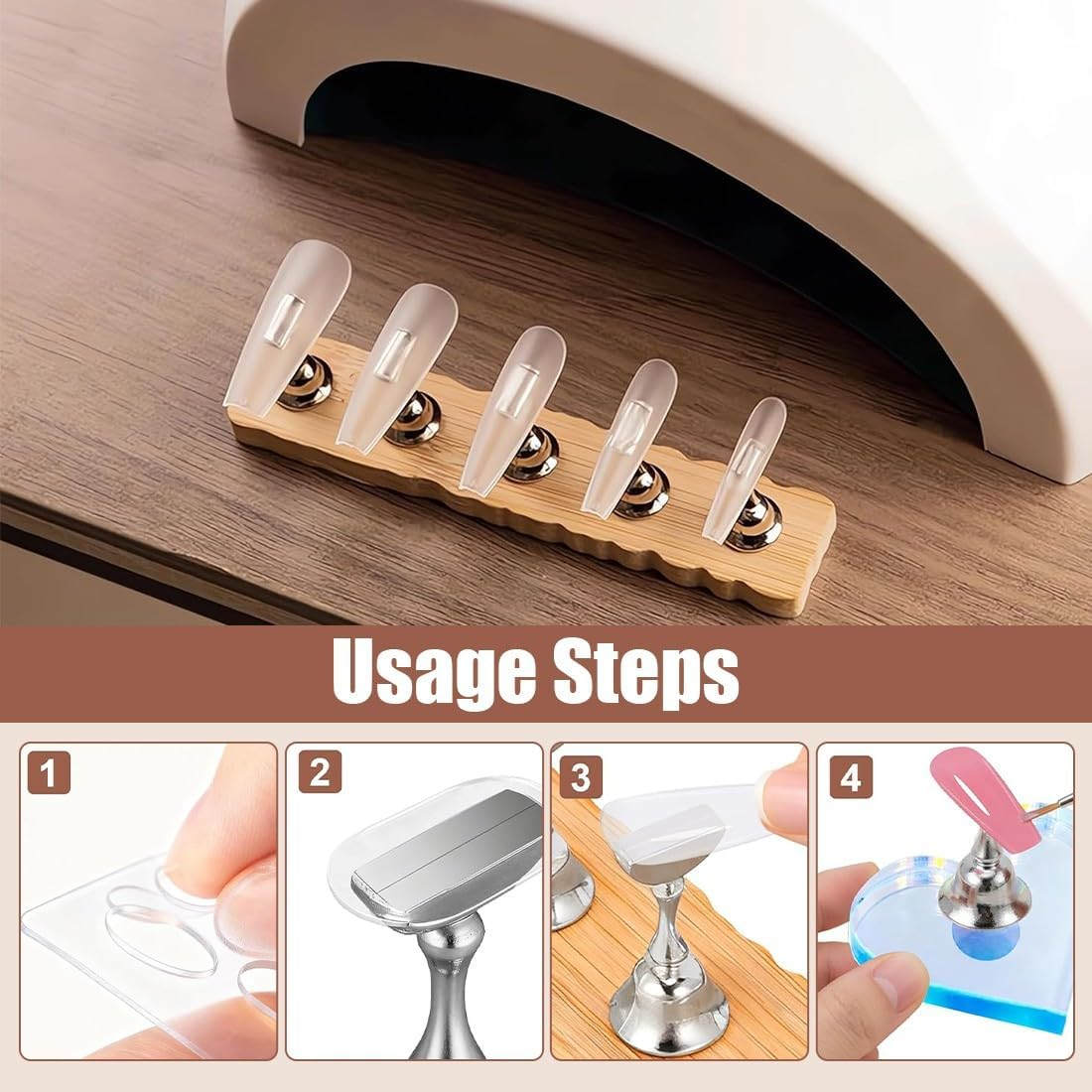 JYNXOR Set of 2 Nail Stands, Wooden Nail Practice Stand, Nail Holder, Magnetic Nail Tips Holder, Clear Pink Purple, Training Finger Display Stand, 2 Bases, One Sticker