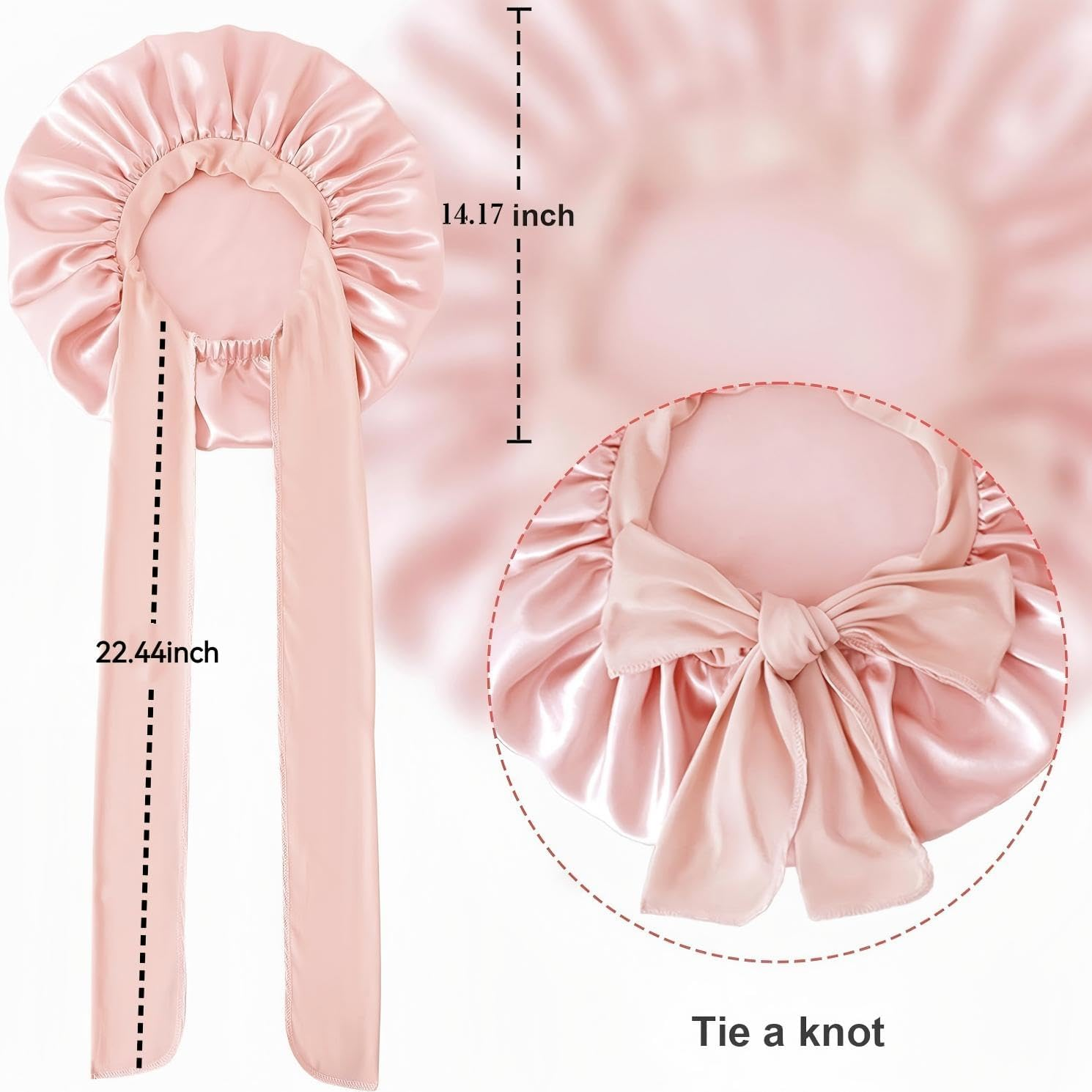 Double Layer Satin Sleeping Bonnet for Women with Wide Bow Tie Band, Extra Large Silk for Curly Natural Hair, Breathable Hair Bonnet for Night Shower Cap Blush Pink image number 2