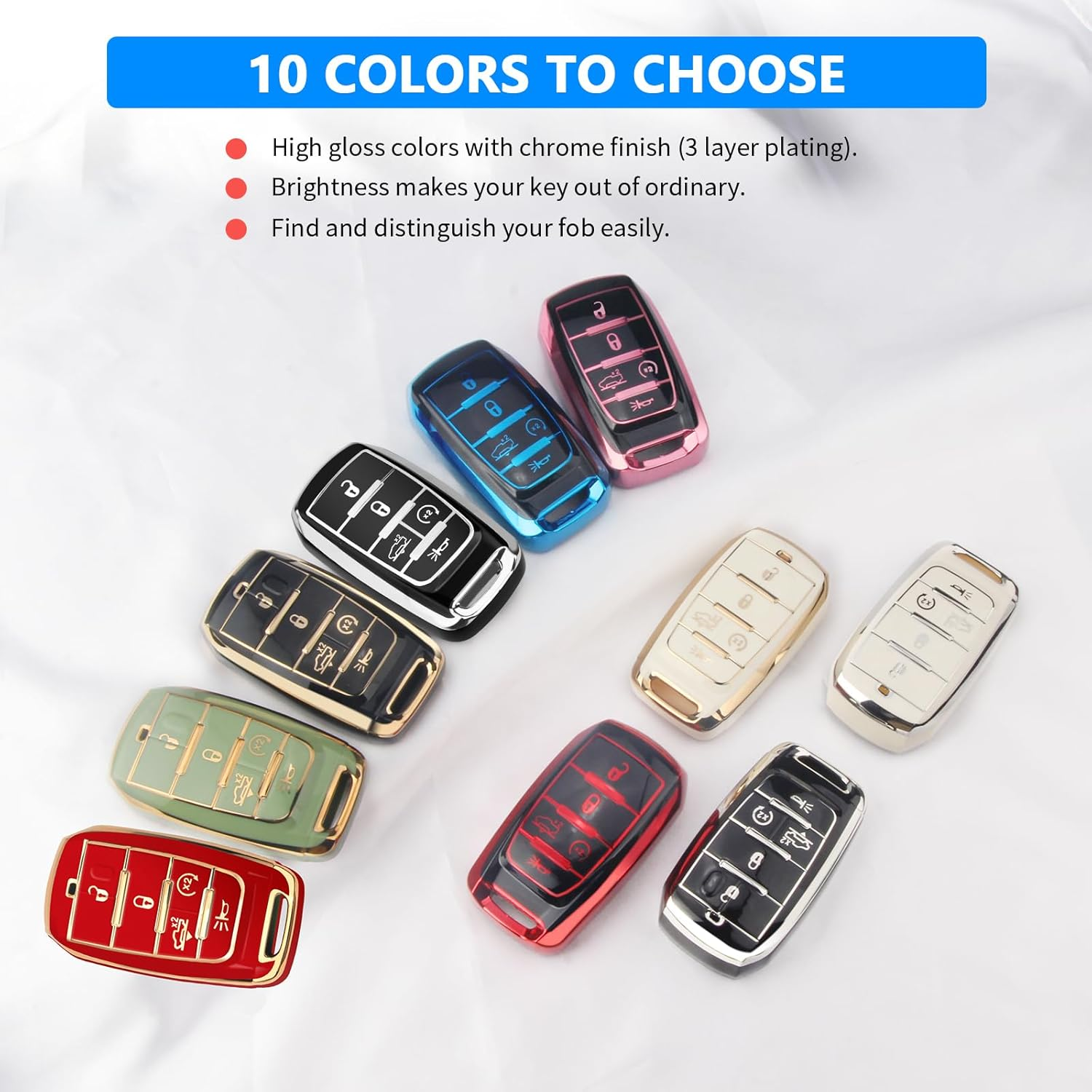 QBUC for Dodge Key Fob Cover, Fits for Dodge RAM 1500 2500 3500 4-5 Buttons 2019 2020 2021 2022 2023 TPU Key Fob Case with Keychain, Smart Remote Accessories Key Fob Protection (Silver-Black) - Gold-Red image number 3