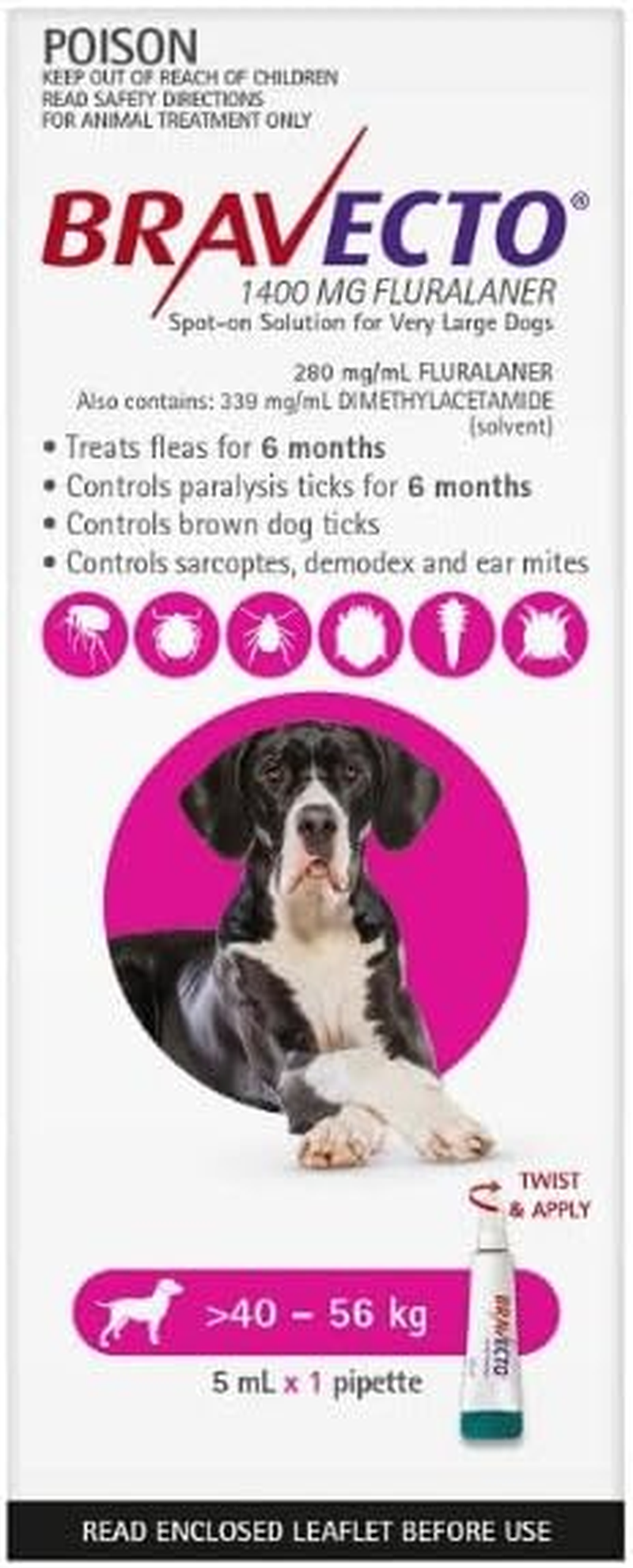 Bravecto Spot on for Extra Large Dogs 40-56Kg Pink 1 Pipette