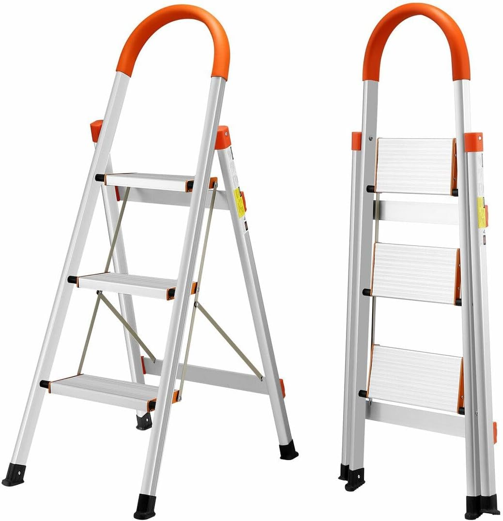 3 Step Folding Ladder Foldable Stool Collapsible Platform Aluminium Portable Lightweight Stairs Stepladder with Foam Handrail