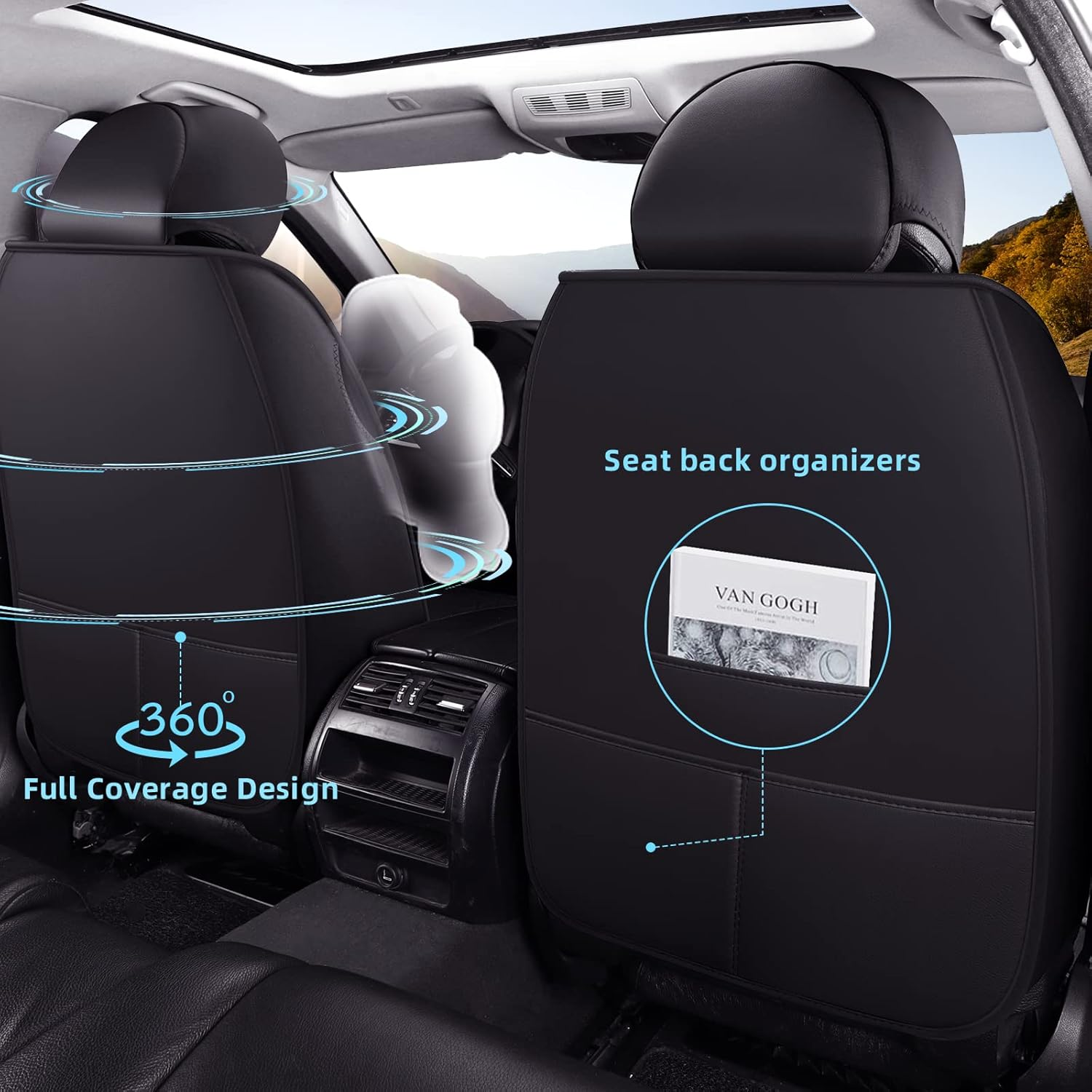 FREESOO Car Seat Covers Leather, Seat Cover Full Set Waterproof Automotive Cushion Protector Accessories Airbag Compatible Universal Fit for 5 Seats Vehicle (Black 8) image number 5