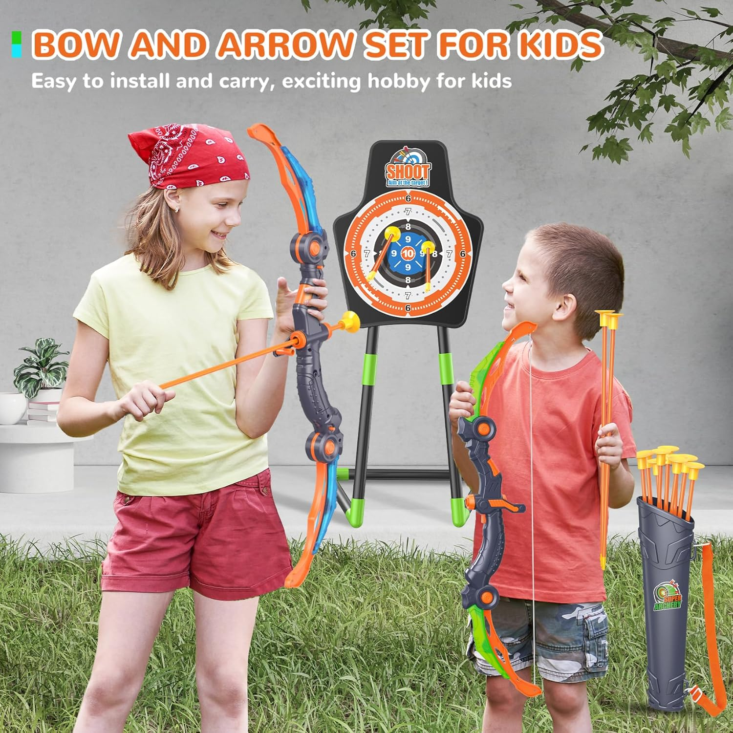 GMAOPHY 2 Pack Bow and Arrow for 5 6 7 8 9 10 11+ Year Old Boys, Birthday Kids, Indoor Outdoor Activity Toys, LED Light up Archery Toy with 20 Suction Cup Arrows, Standing Target & 2 Quiver image number 6