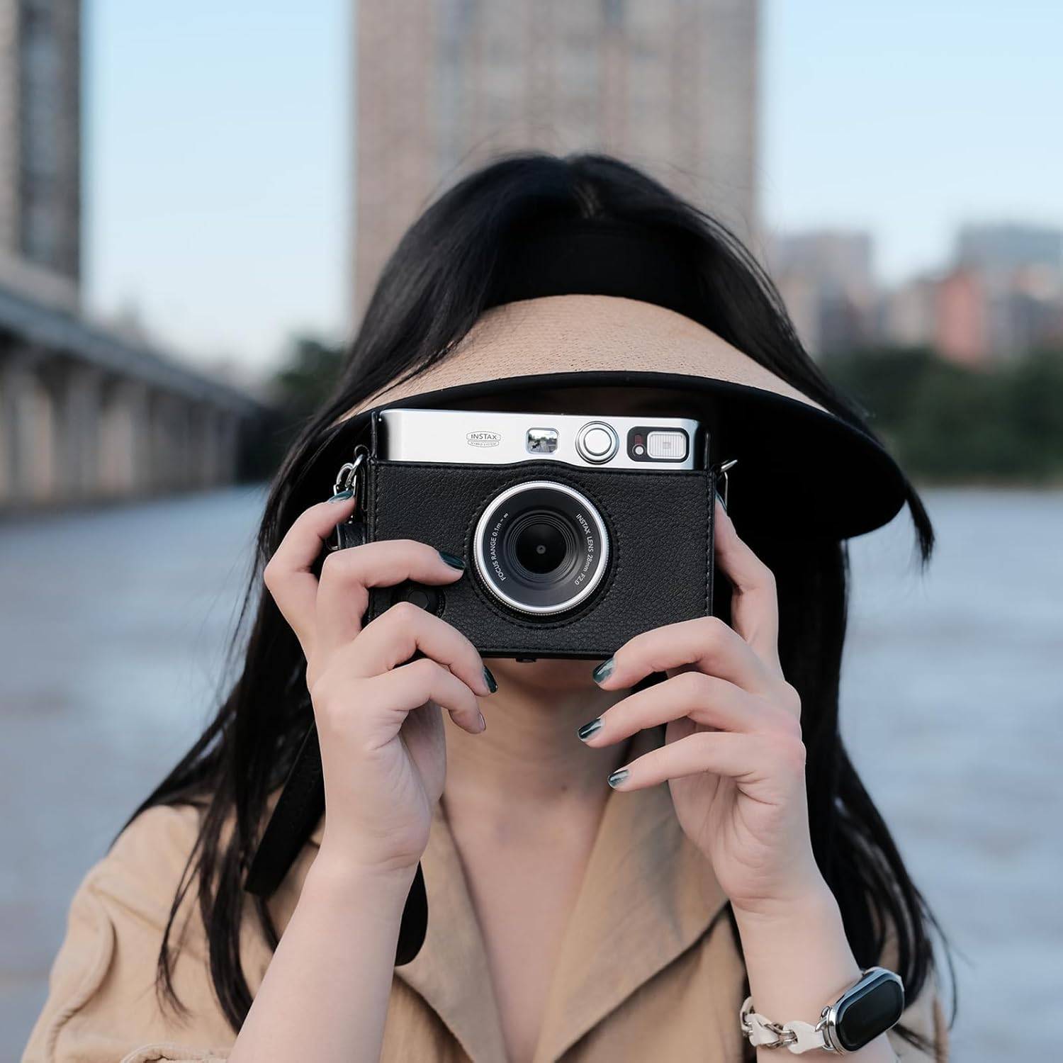 Rieibi Mini EVO Case - Vintage PU Leather Protective Case for Fuji Instax Mini EVO Instant Camera - Removable Case with Adjustable Shoulder Strap Battery Charging Port - Black - Black image number 3