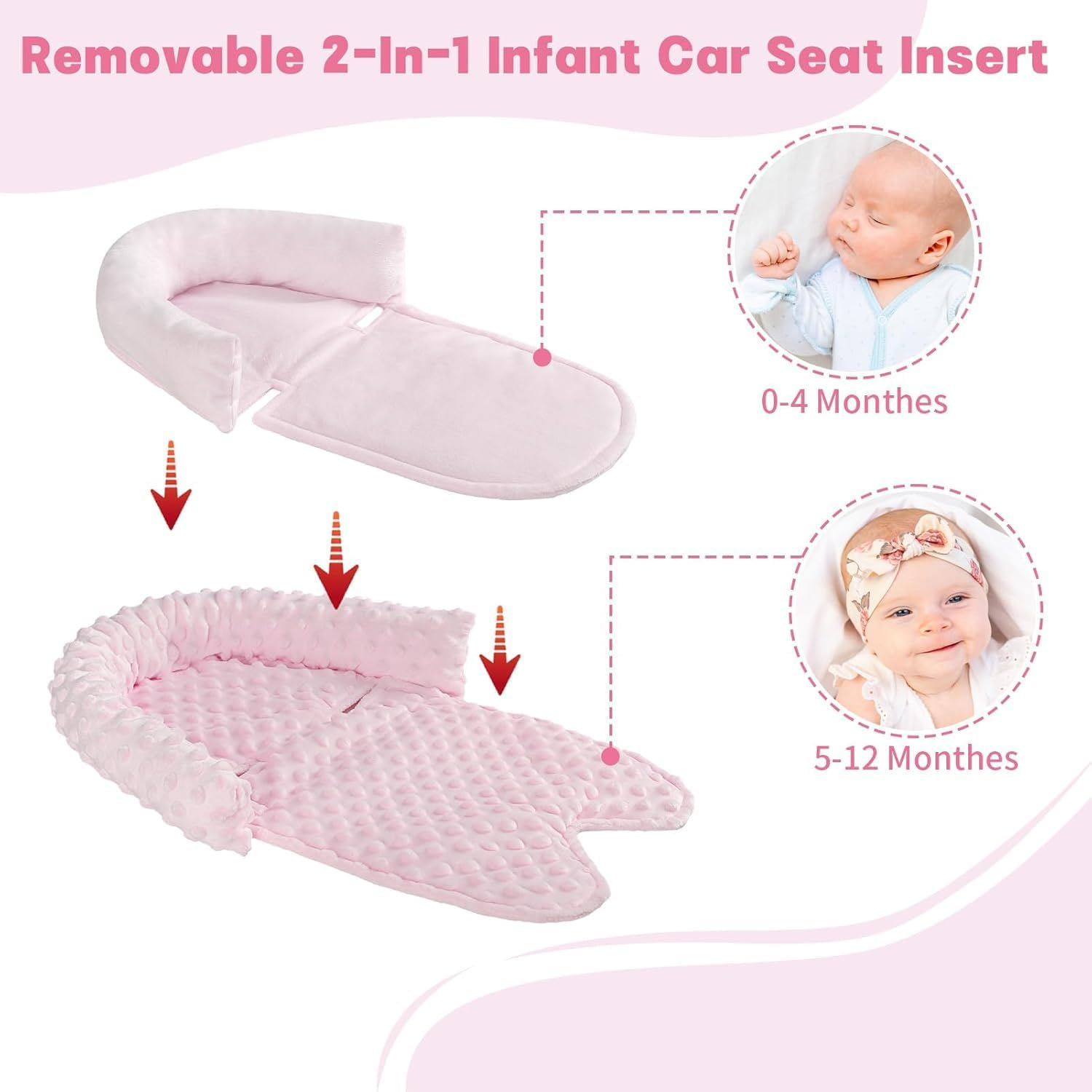 Infant Car Seat Insert, HNHUAMING Baby Car Seat Head & Body Support with 2 Straps Pads, Ultra Soft Newborn Preemie Carseat Insert Cushion for Girls Boys, Fits Car Seat, Stroller, Swing, Bouncer(Pink) image number 4
