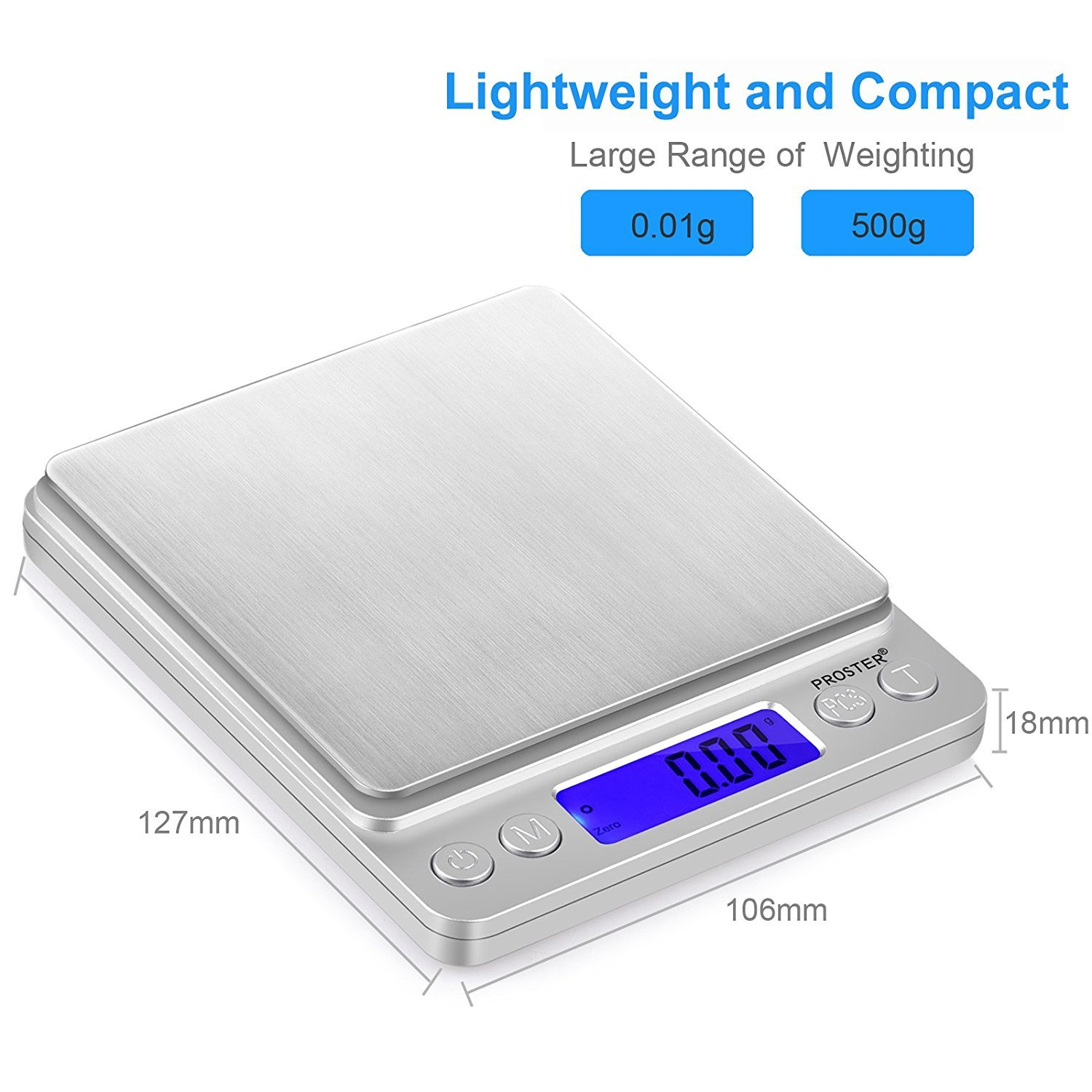 Digital Pocket Scale, Proster 0.01-500G Mini Digital Scale with Backlit LCD Display, Weighing Scale for Kitchen Food, Fruit, Jewellery Weighing Etc (With 2 Trays)