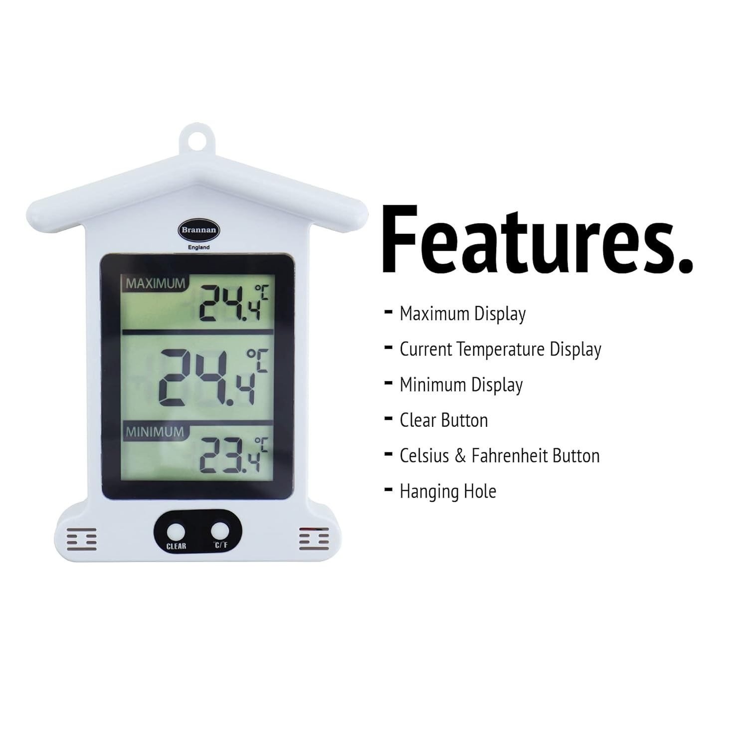 Brannan Digital White Greenhouse Thermometer &ndash; Stylish Weatherproof Max Min Thermometer to Monitor Maximum and Minimum Temperatures in a Garden Greenhouse Indoor Room Home Growroom Easily Wall Mounted