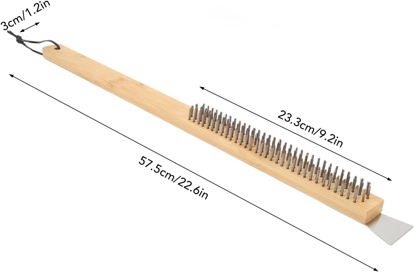 Pizza Oven Brush, 57.5Cm Non Scratch Heat Proof Stainless Steel Pizza Stone Cleaning Brush, Long Bamboo Handle Outdoor Pizza Oven Accessories with Scraper, Hanging Hole image number 4