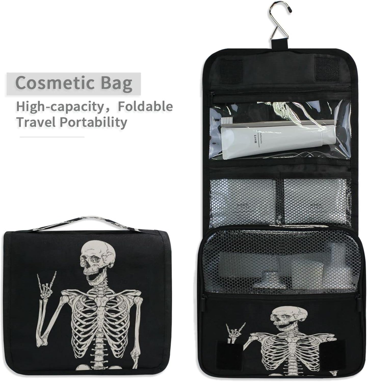 Hanging Toiletry Bag for Women Men, Portable Makeup Bag Organizer Cosmetic Bag for Purse Pouch Waterproof Travel Essentials Large Wash Bag for Kids Girls, Skull, One Size, Fashion