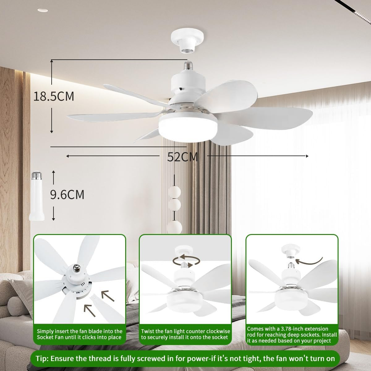 Ceiling Fan with Light and Remote, Stepless Dimmable Ceiling Fan, 3 Speeds, Timer Setting, Suitable for Garage, Kitchen, Bedroom, E26/E27 Lamp Holder, with Extension Pole image number 4