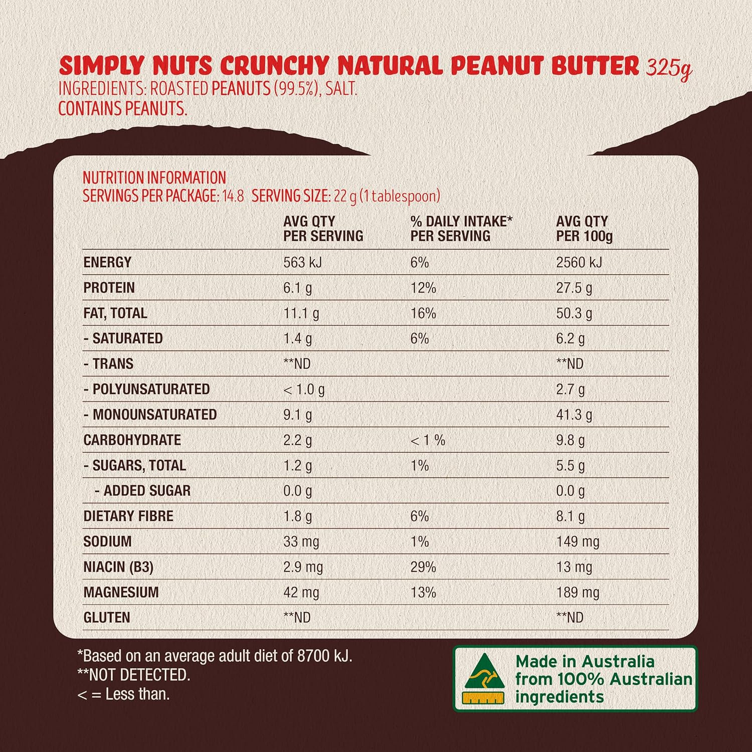 Bega Simply Nuts, Crunchy Natural Peanut Butter, with a Pinch of Salt, 100% Australian Peanuts, Jar 325G