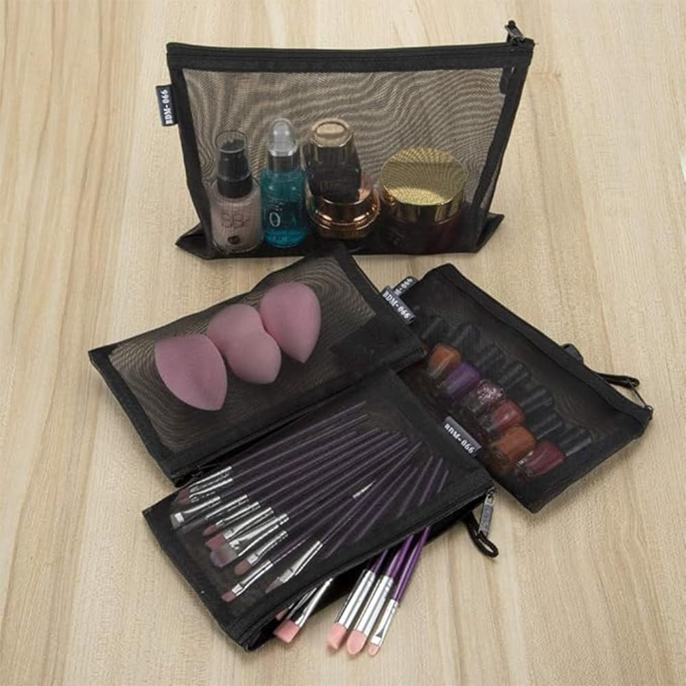 LINKPEACE Nylon Mesh Cosmetic Zipper Bags, 7PCS Black Makeup Pouches Travel Organizer Case for Purse Diaper Bag (A5 X 3Pcs, A6 X 4Pcs) image number 1