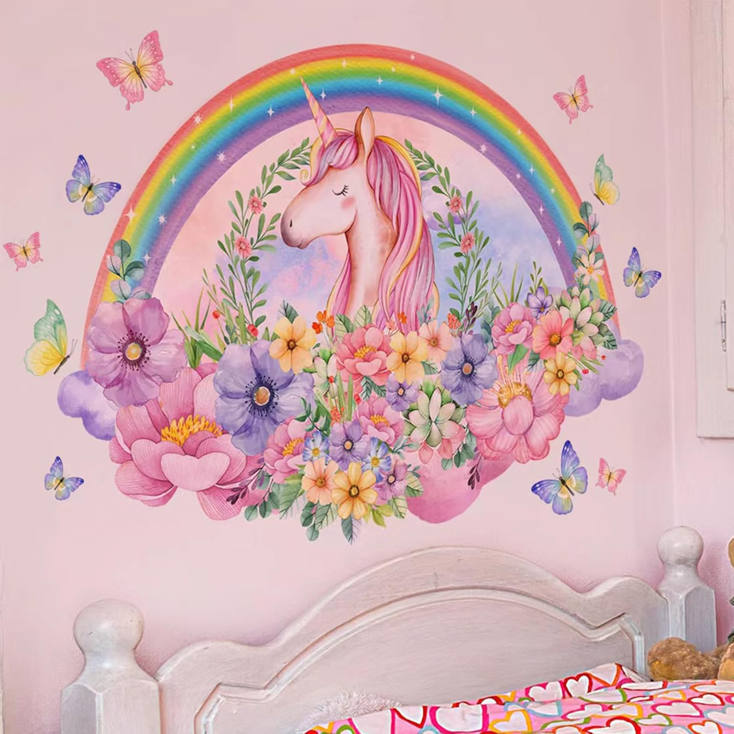 Unicorn Wall Decals, Rainbow Flowers Butterfly Wall Stickers, Girls Bedroom Living Room Kitchen Wall Door Decor image number 3